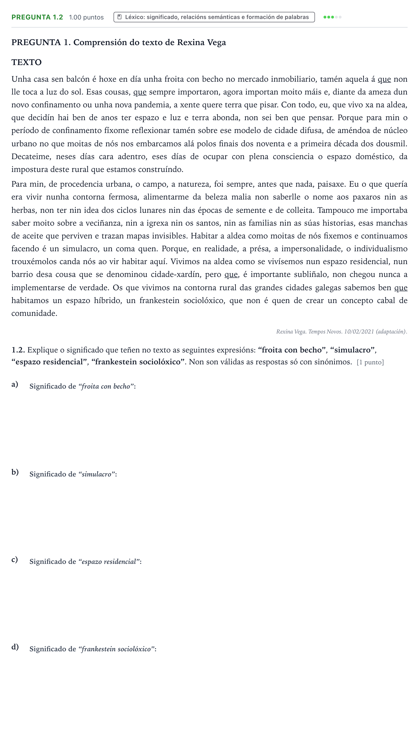 Enunciado: Pregunta 1.2 · Lingua Galega e Literatura II PAU Galicia Ordinaria 2023