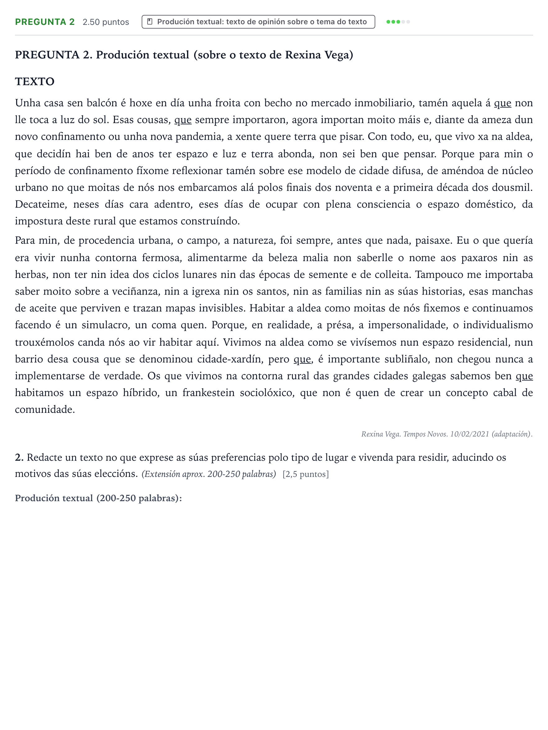 Enunciado: Pregunta 2 · Lingua Galega e Literatura II PAU Galicia Ordinaria 2023