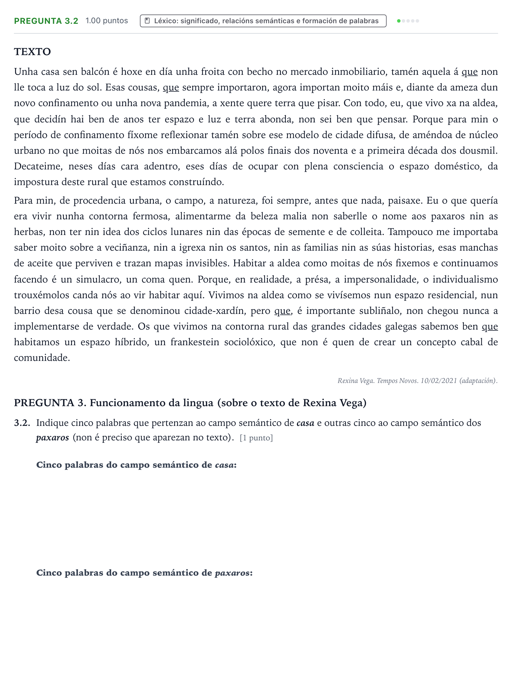 Enunciado: Pregunta 3.2 · Lingua Galega e Literatura II PAU Galicia Ordinaria 2023