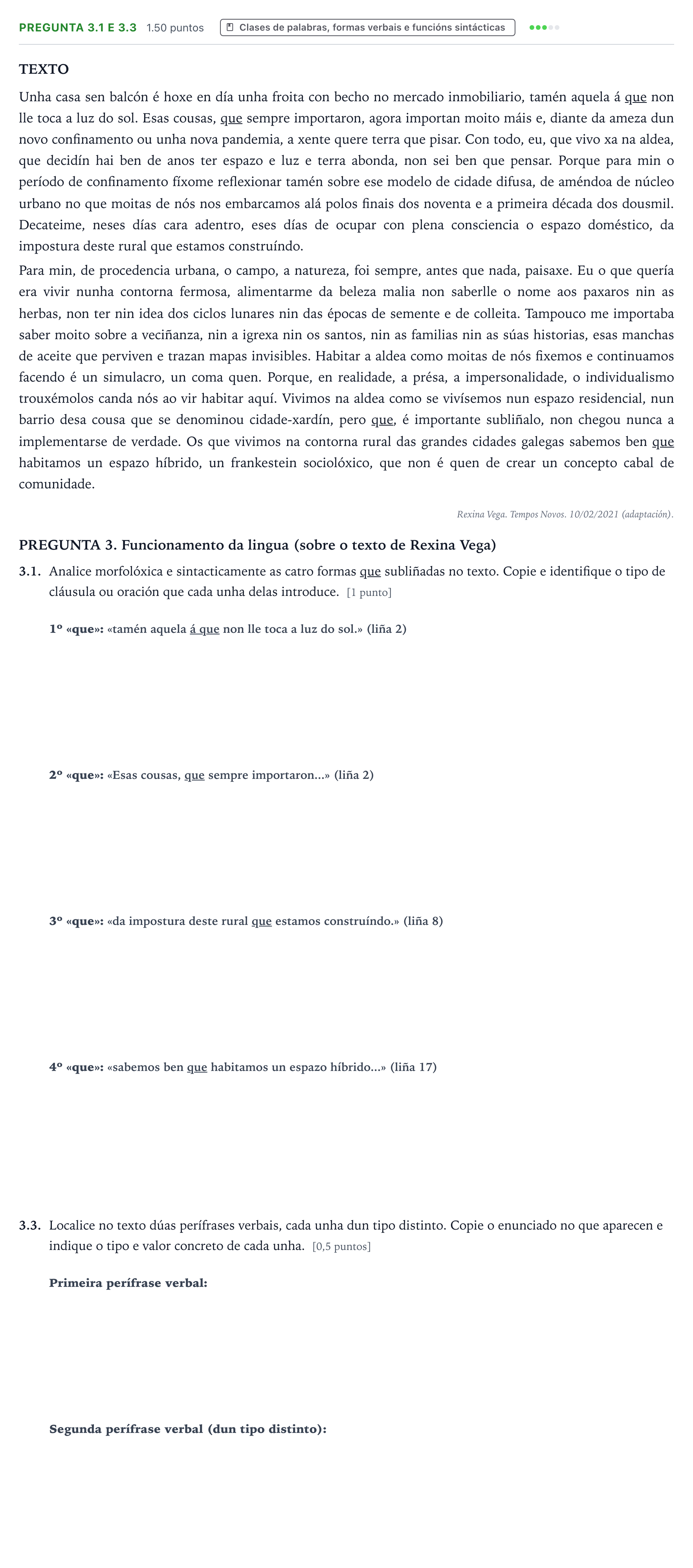 Enunciado: Pregunta 3.1 e 3.3 · Lingua Galega e Literatura II PAU Galicia Ordinaria 2023