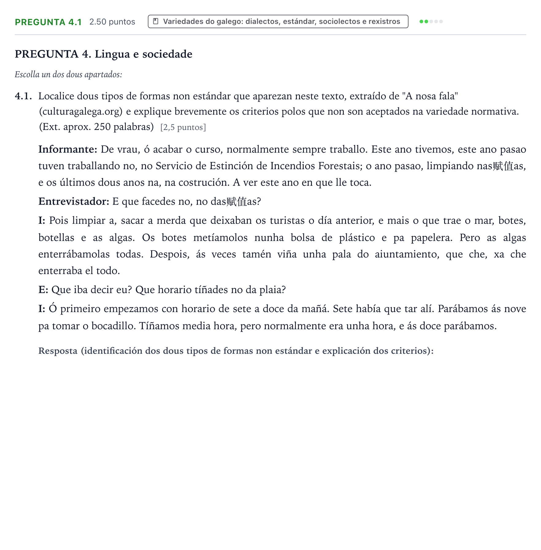 Enunciado: Pregunta 4.1 · Lingua Galega e Literatura II PAU Galicia Ordinaria 2023