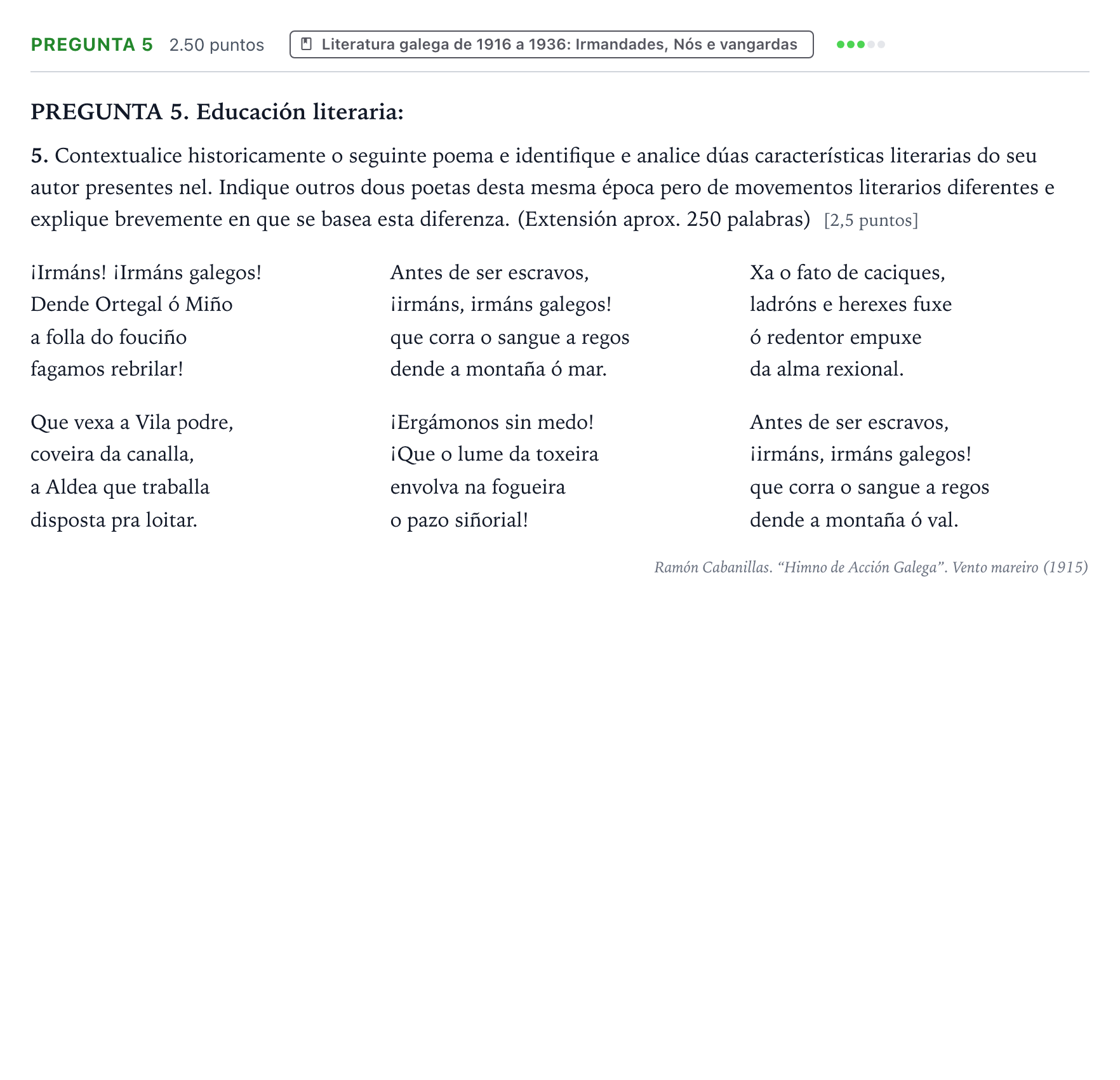 Enunciado: Pregunta 5 · Lingua Galega e Literatura II PAU Galicia Ordinaria 2023