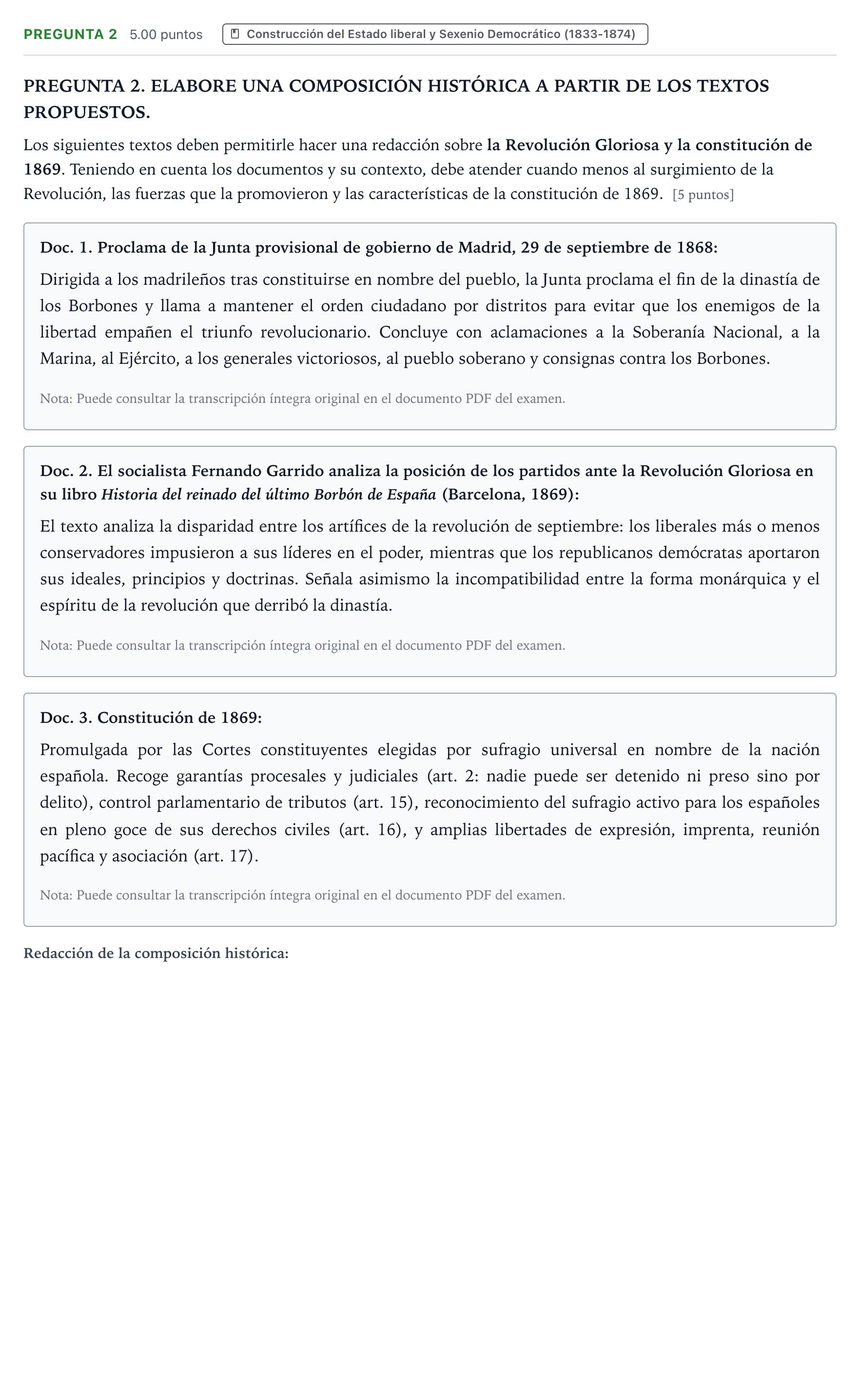 Enunciado: Pregunta 2 · Historia de España PAU Galicia Ordinaria 2023