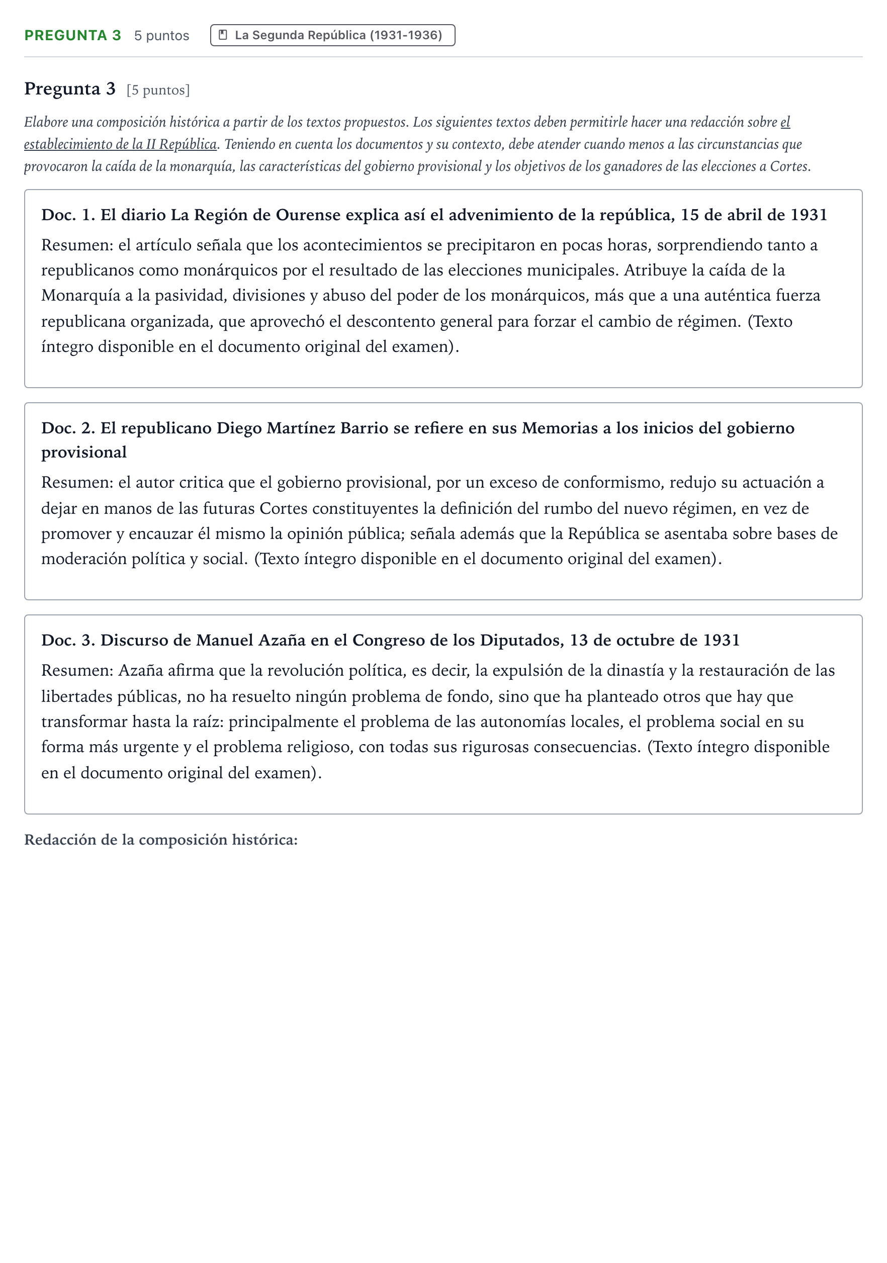 Enunciado: Pregunta 3 · Historia de España PAU Galicia Ordinaria 2023