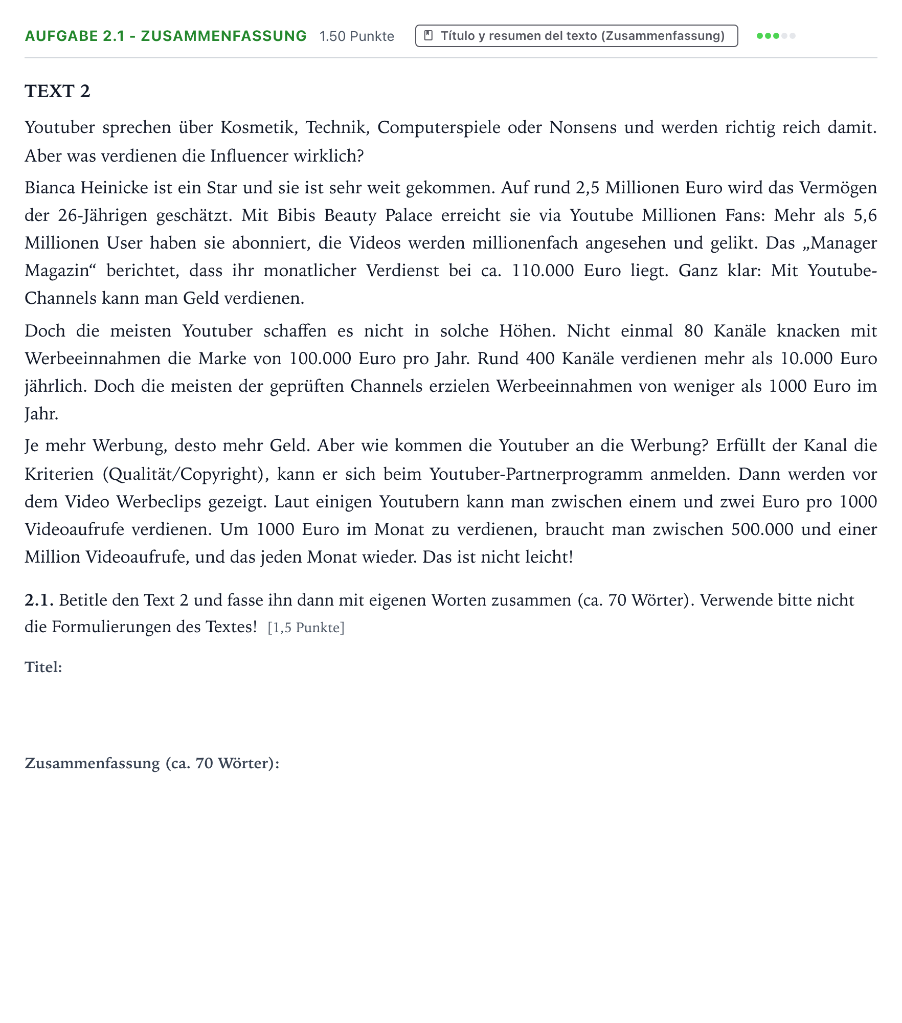 Enunciado: Ejercicio 2.1 - Zusammenfassung · Alemán PAU Galicia Ordinaria 2023