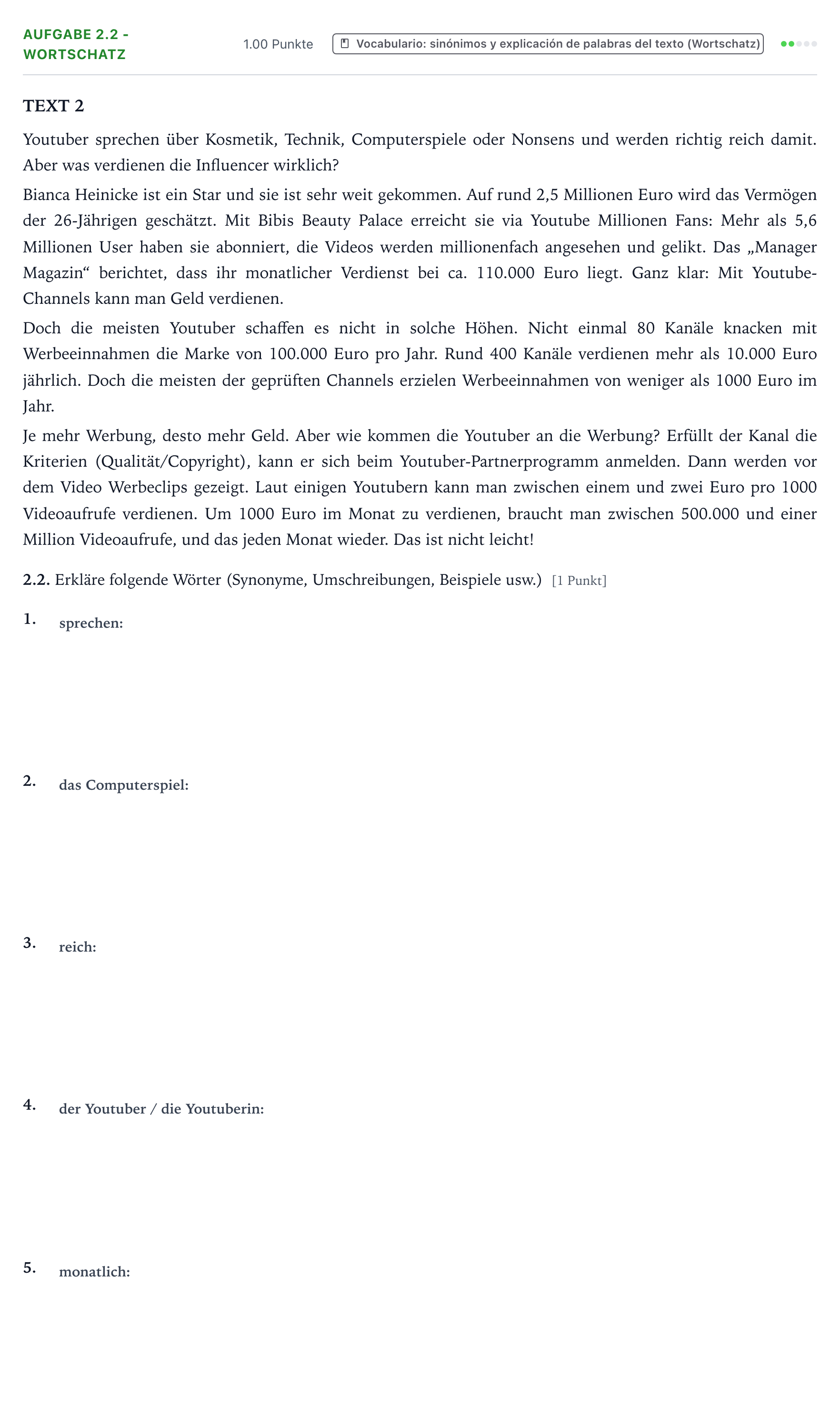 Enunciado: Ejercicio 2.2 - Wortschatz · Alemán PAU Galicia Ordinaria 2023