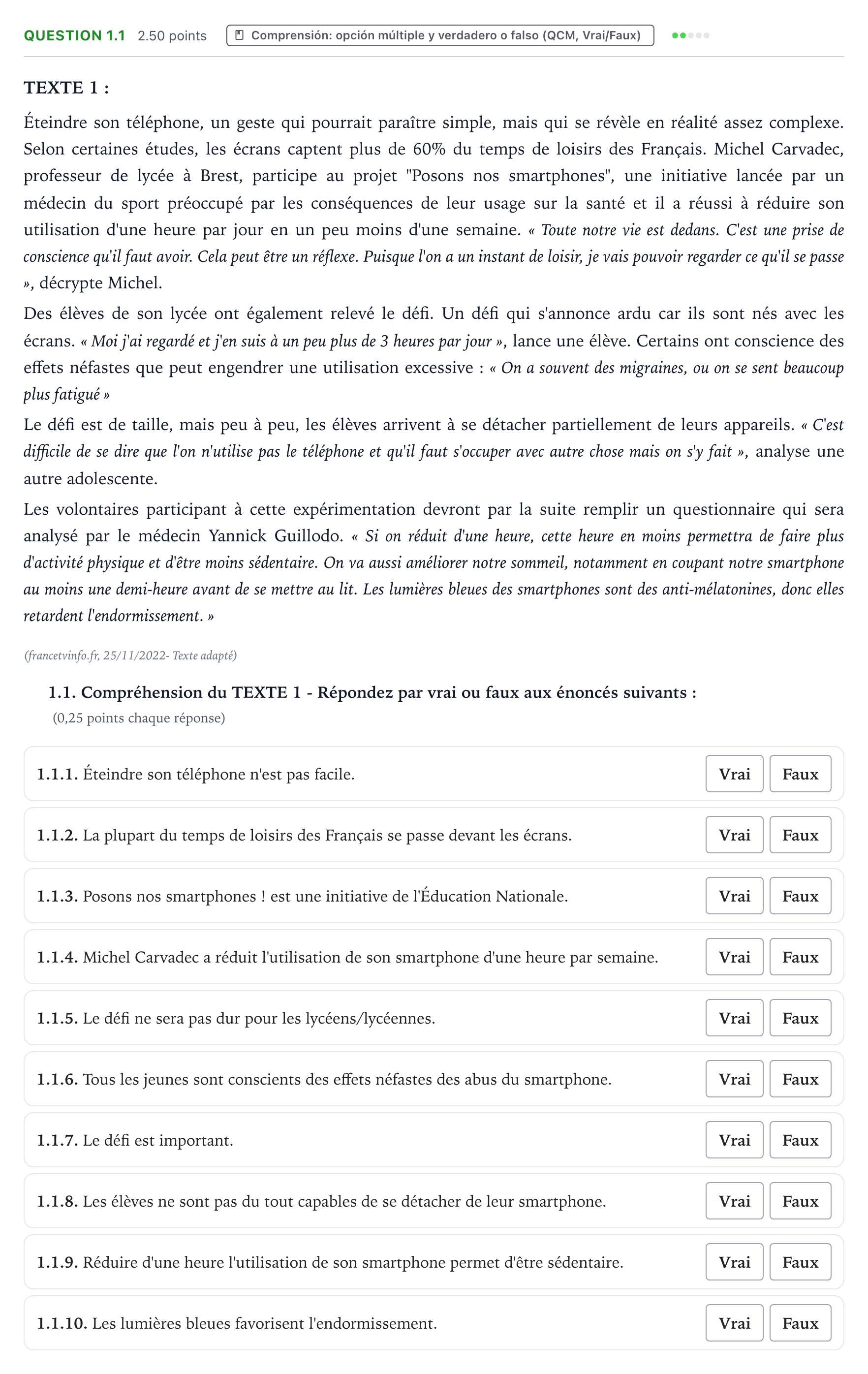 Enunciado: Question 1.1 · Francés PAU Galicia Ordinaria 2023