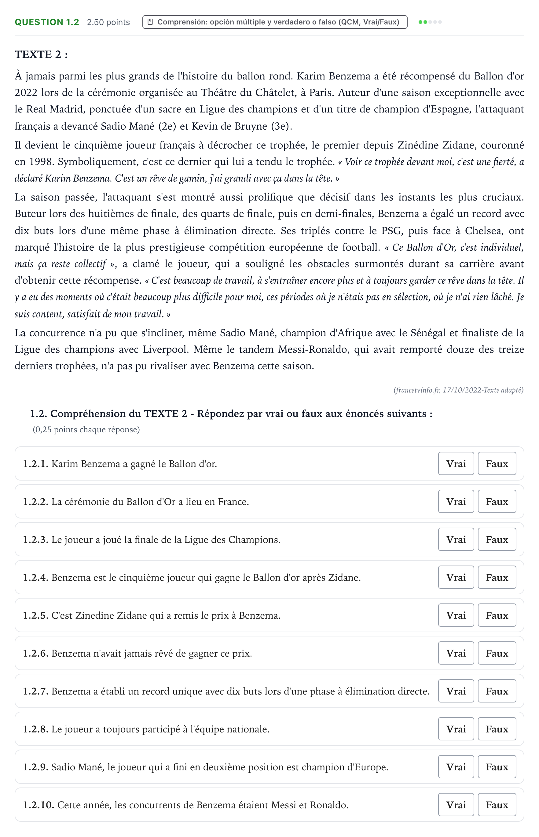 Enunciado: Question 1.2 · Francés PAU Galicia Ordinaria 2023