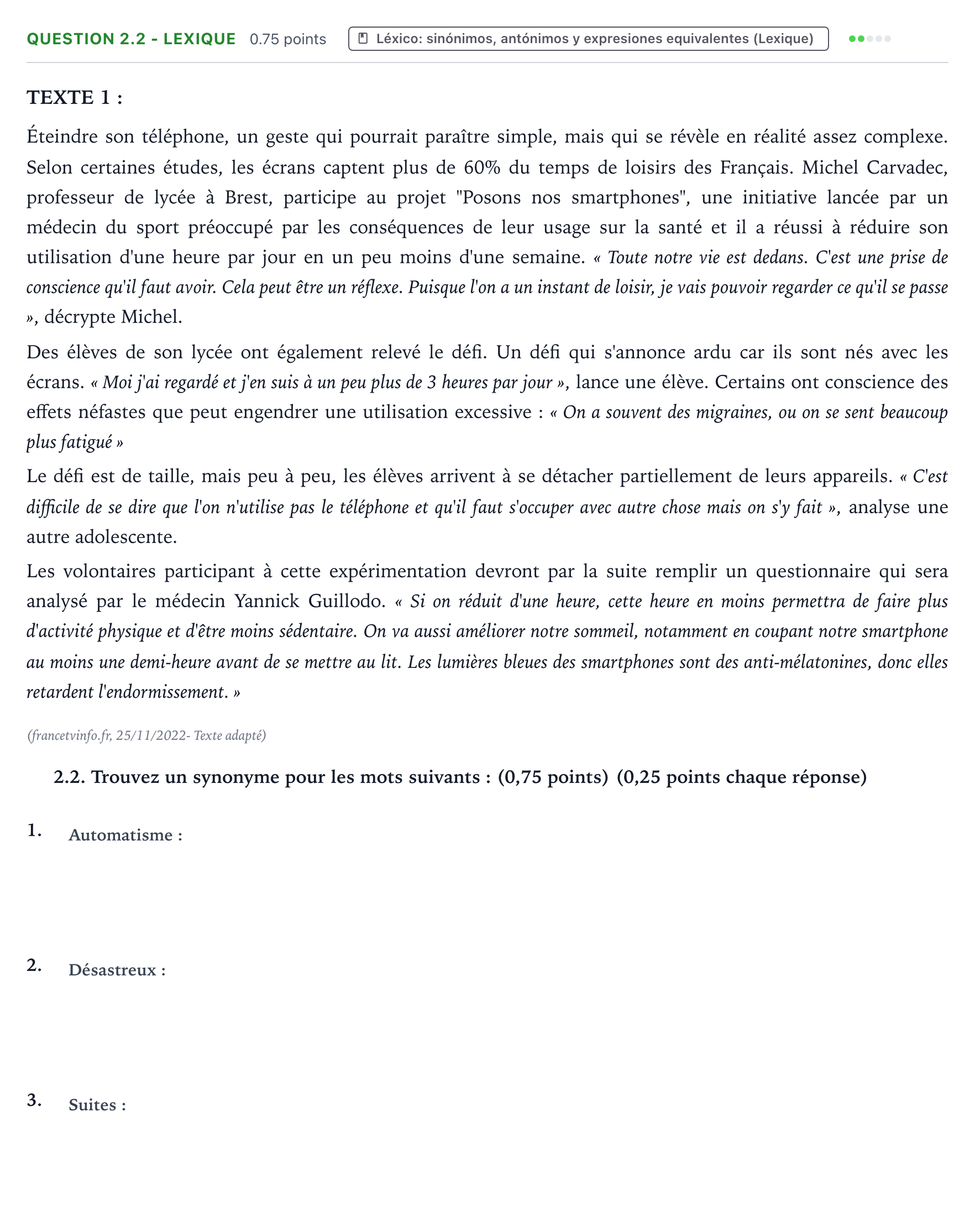 Enunciado: Question 2.2 - Lexique · Francés PAU Galicia Ordinaria 2023