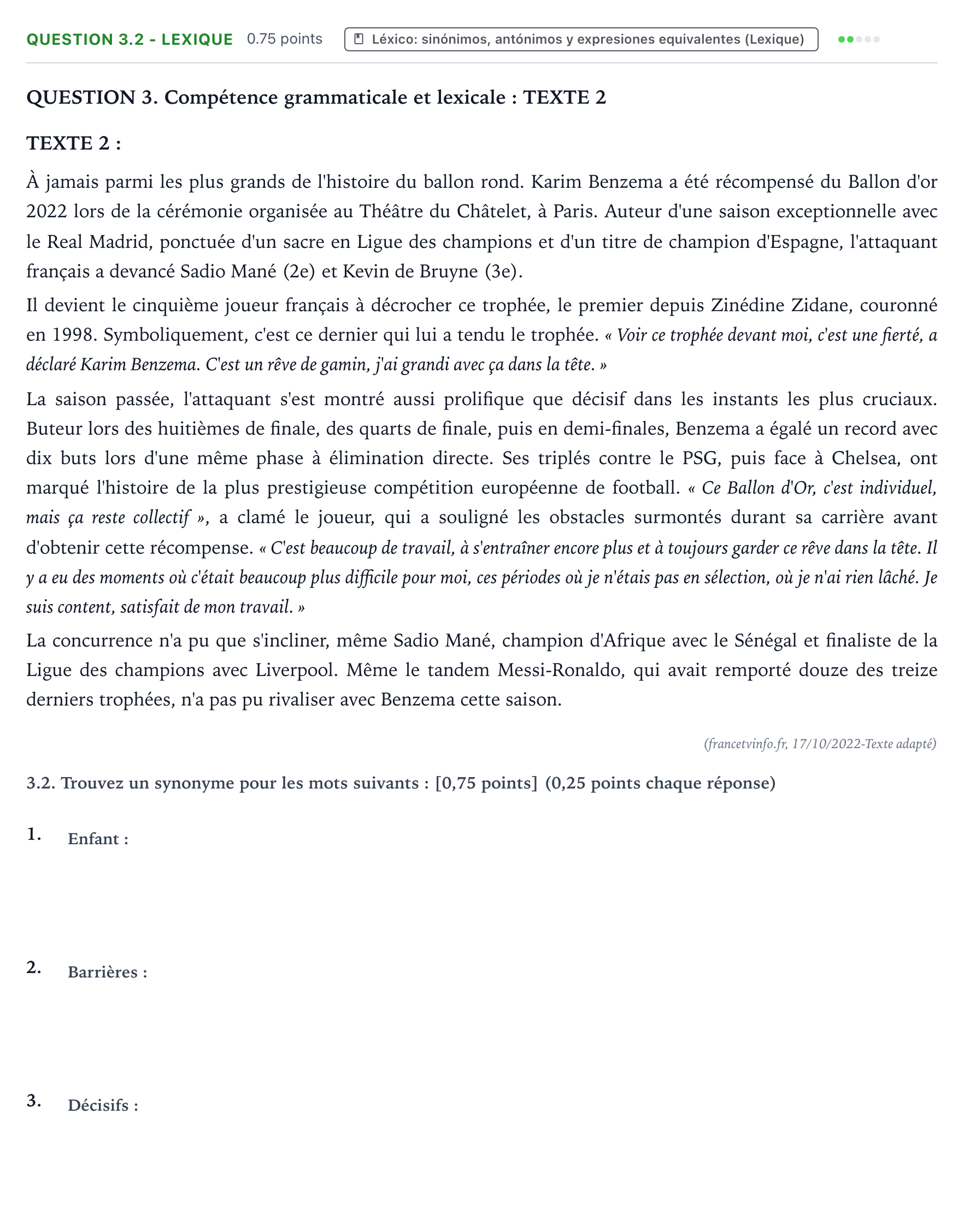 Enunciado: Question 3.2 - Lexique · Francés PAU Galicia Ordinaria 2023