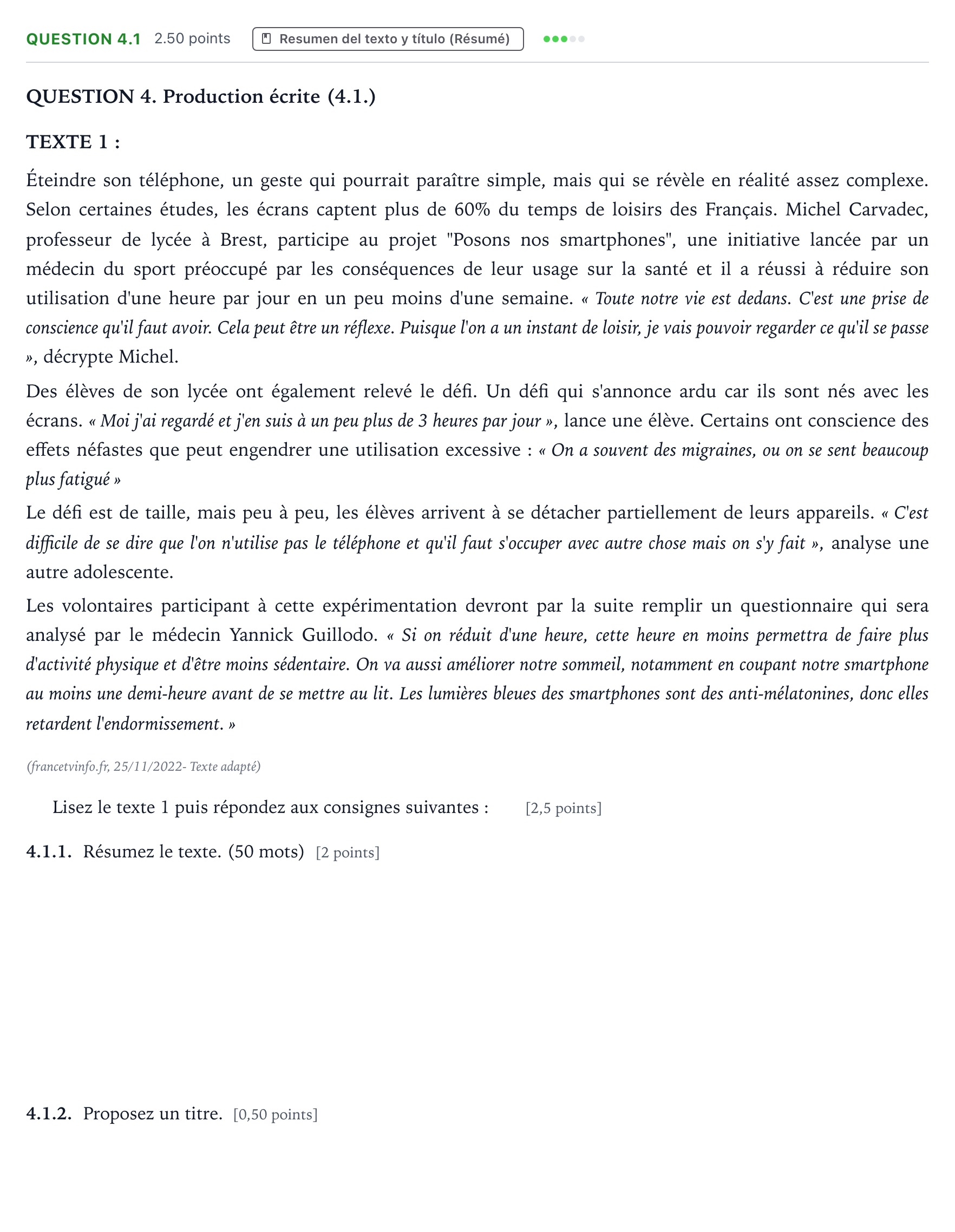 Enunciado: Question 4.1 · Francés PAU Galicia Ordinaria 2023