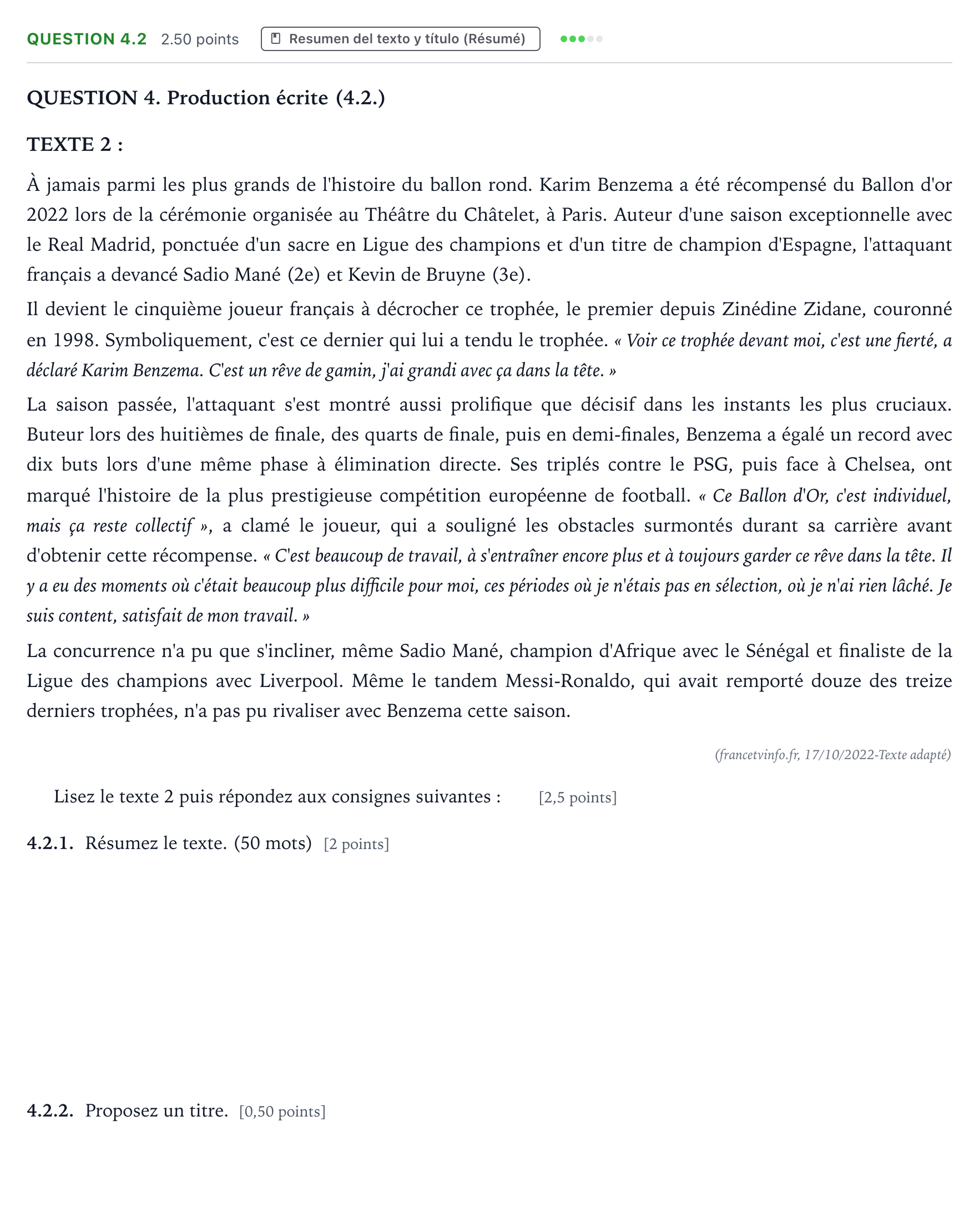 Enunciado: Question 4.2 · Francés PAU Galicia Ordinaria 2023