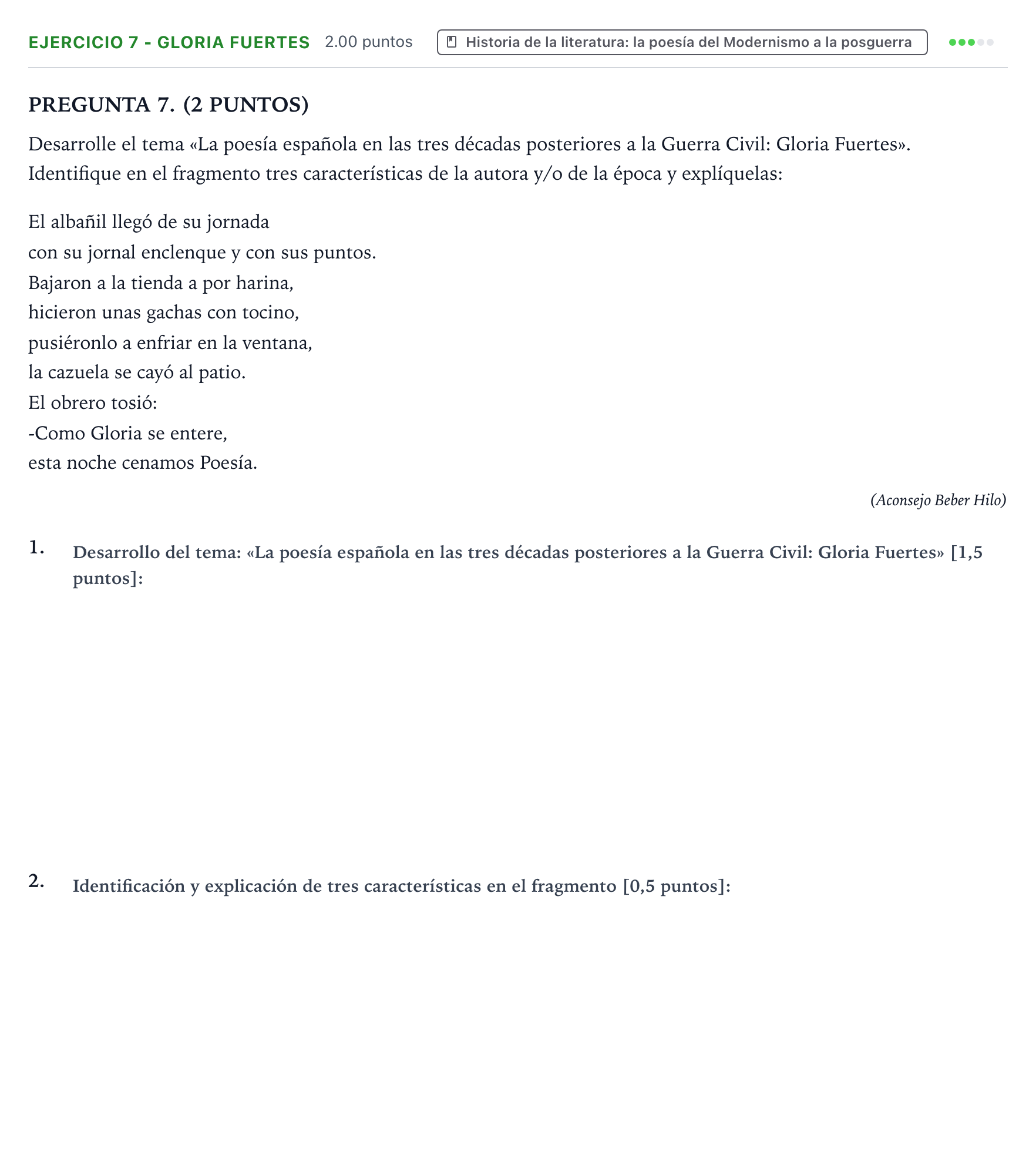 Enunciado: Ejercicio 7 - Gloria Fuertes · Lengua Castellana y Literatura II PAU Galicia Extraordinaria 2023