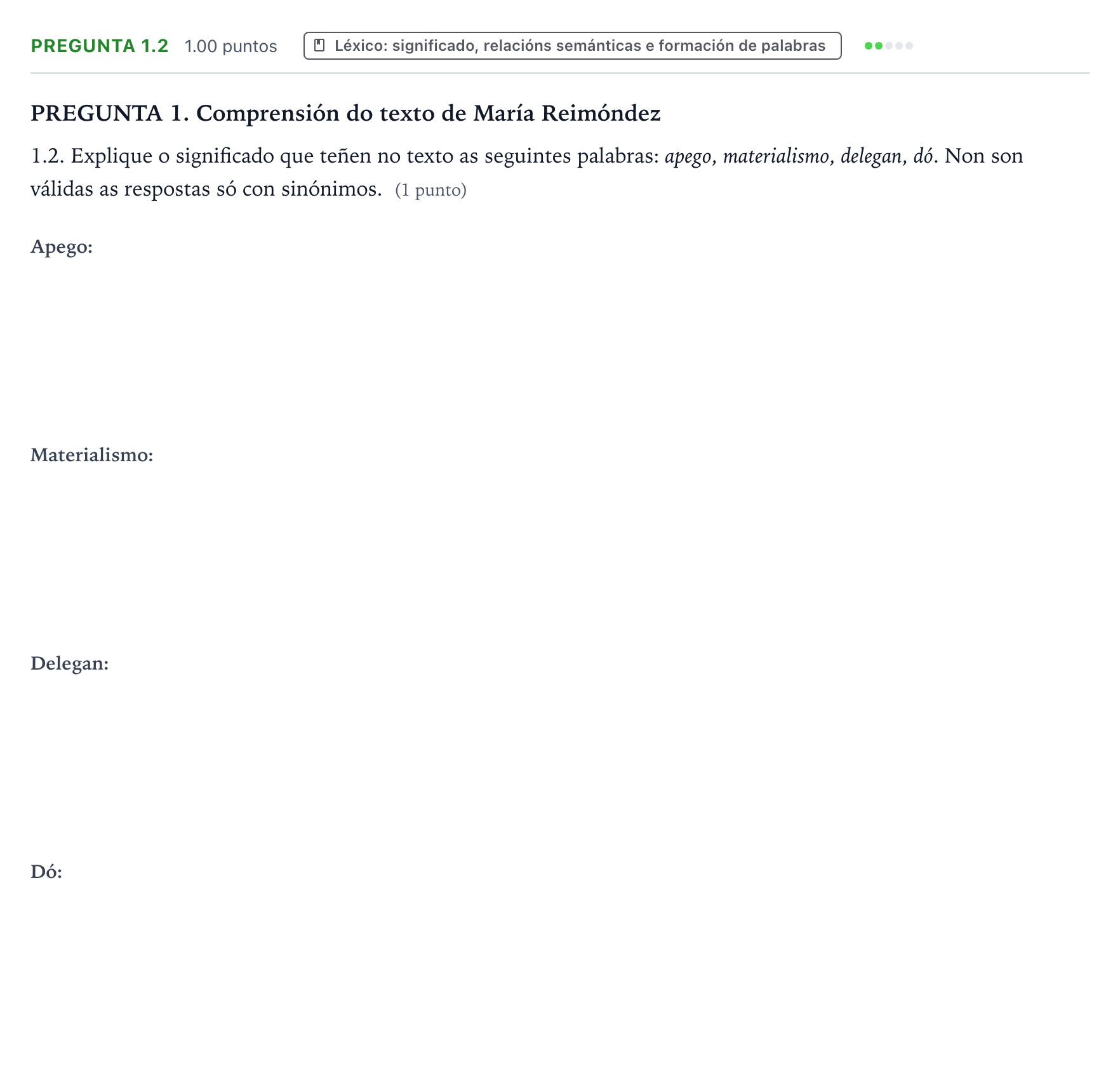 Enunciado: Pregunta 1.2 - Léxico · Lingua Galega e Literatura II PAU Galicia Extraordinaria 2023