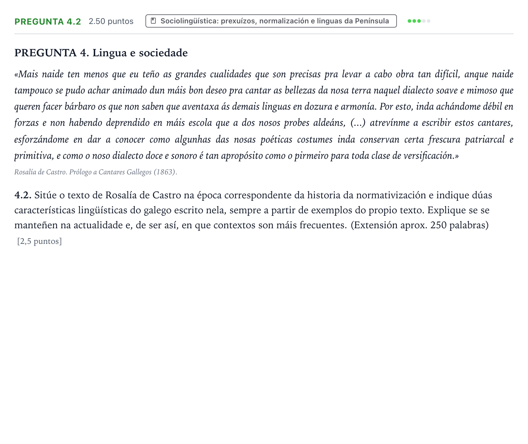 Enunciado: Pregunta 4.2 · Lingua Galega e Literatura II PAU Galicia Extraordinaria 2023