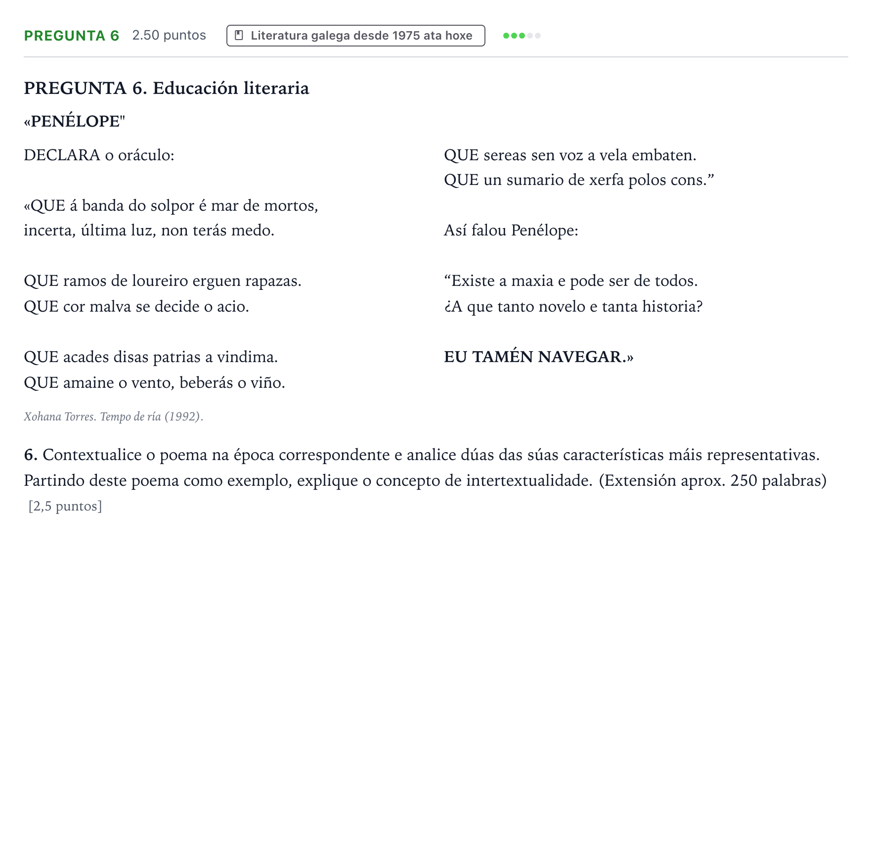 Enunciado: Pregunta 6 · Lingua Galega e Literatura II PAU Galicia Extraordinaria 2023