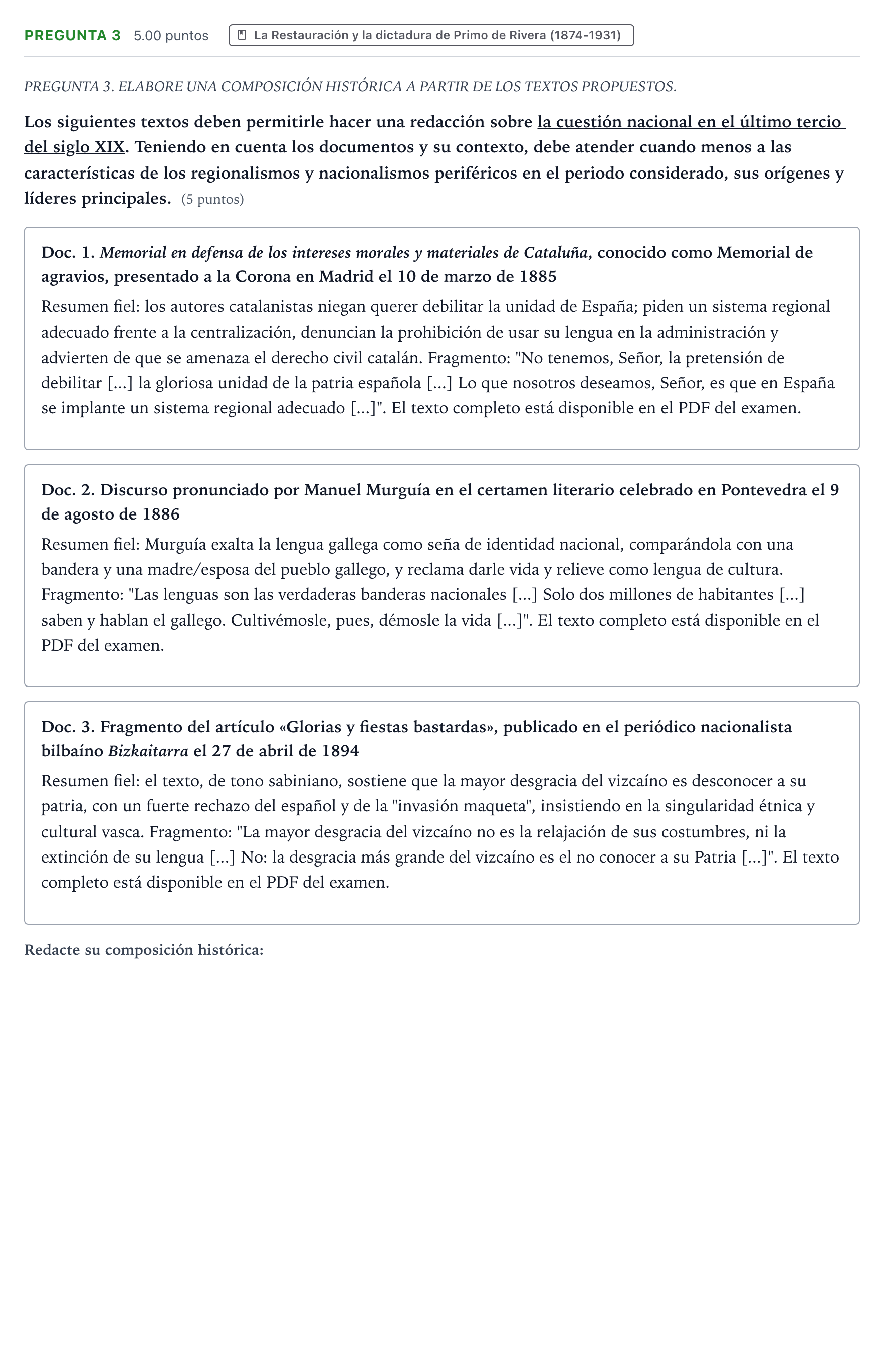 Enunciado: Pregunta 3 · Historia de España PAU Galicia Extraordinaria 2023