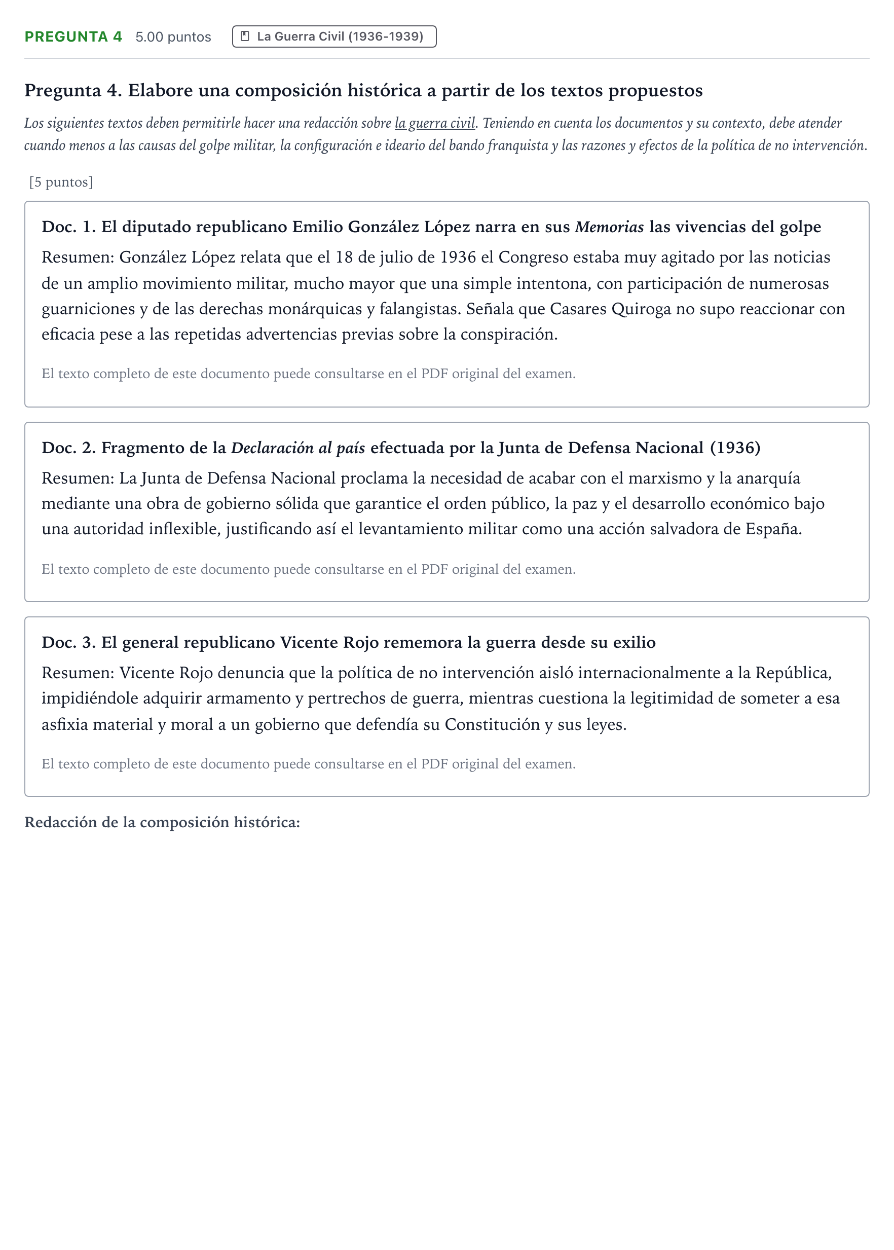 Enunciado: Pregunta 4 · Historia de España PAU Galicia Extraordinaria 2023