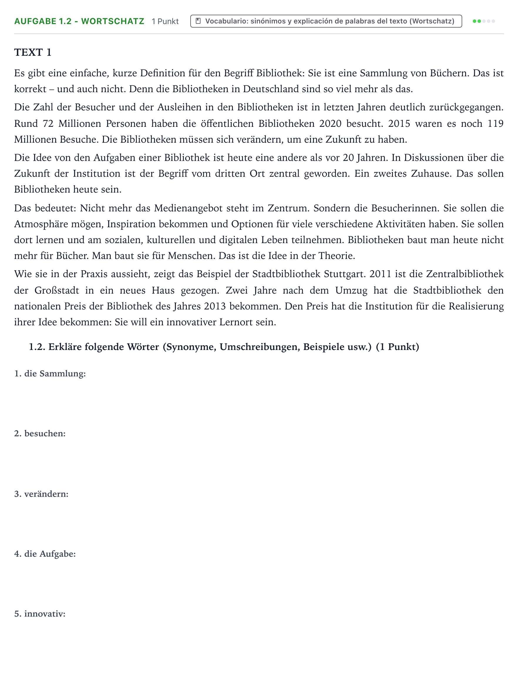 Enunciado: Ejercicio 1.2 - Wortschatz · Alemán PAU Galicia Extraordinaria 2023