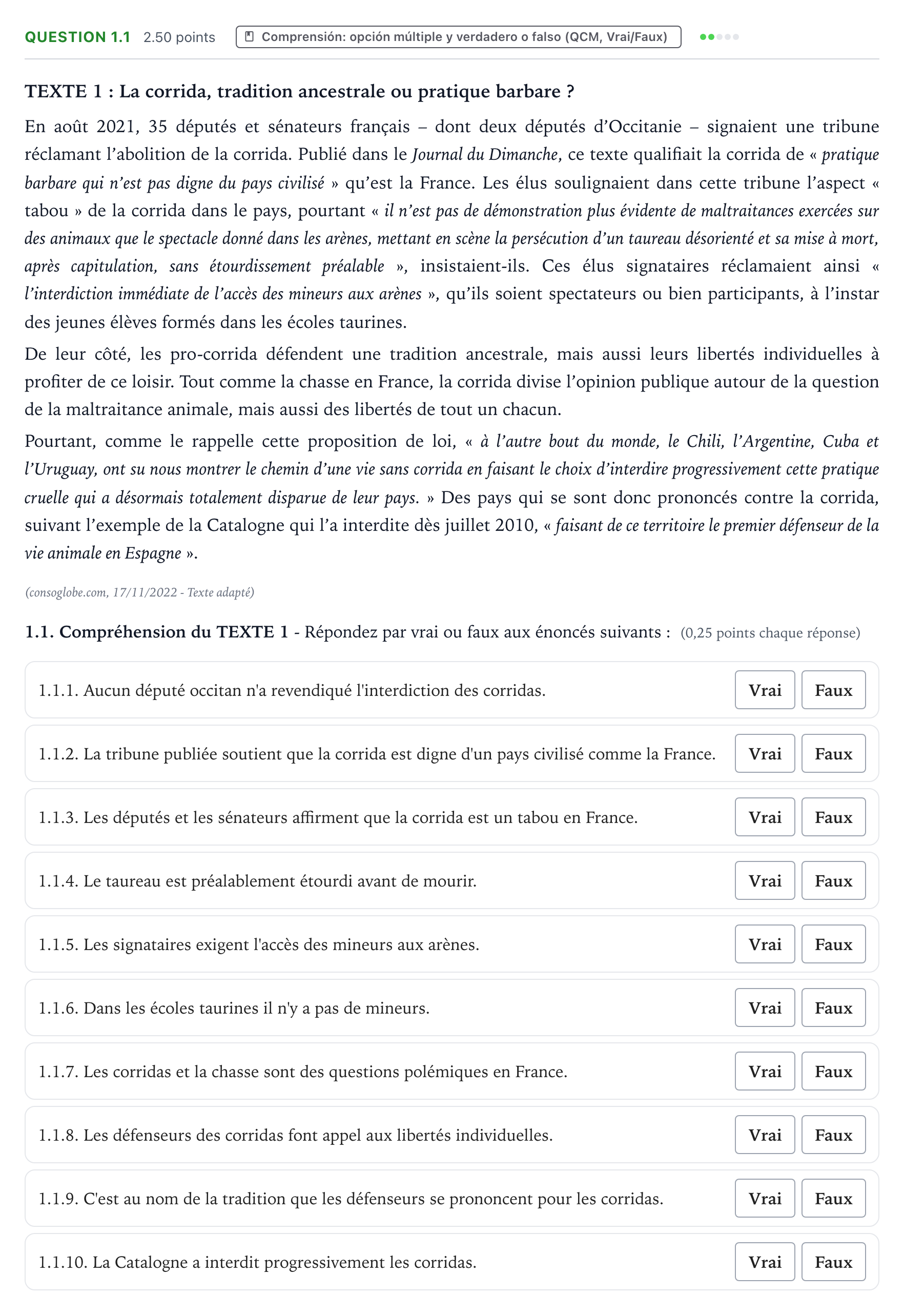 Enunciado: Question 1.1 · Francés PAU Galicia Extraordinaria 2023