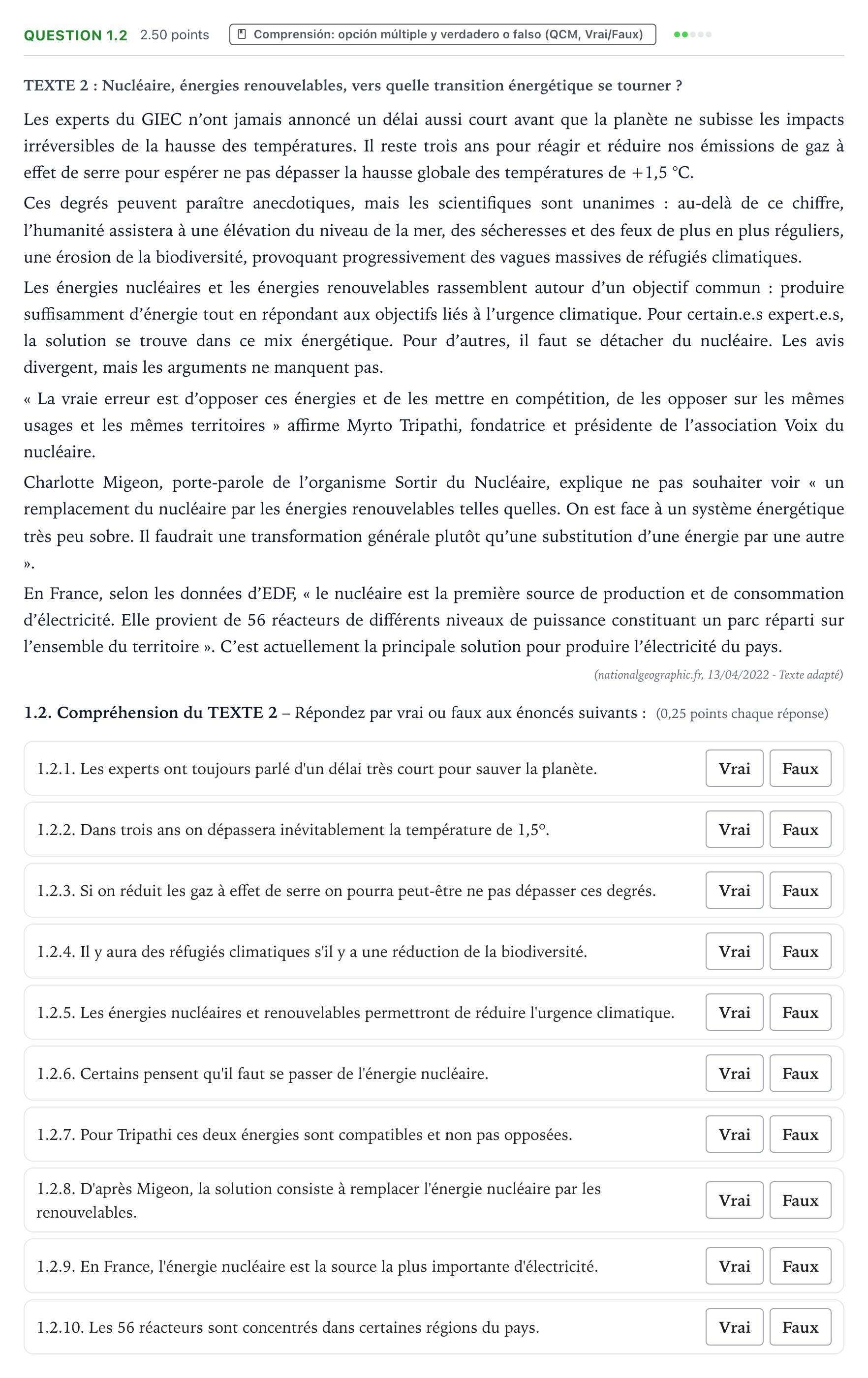 Enunciado: Question 1.2 · Francés PAU Galicia Extraordinaria 2023