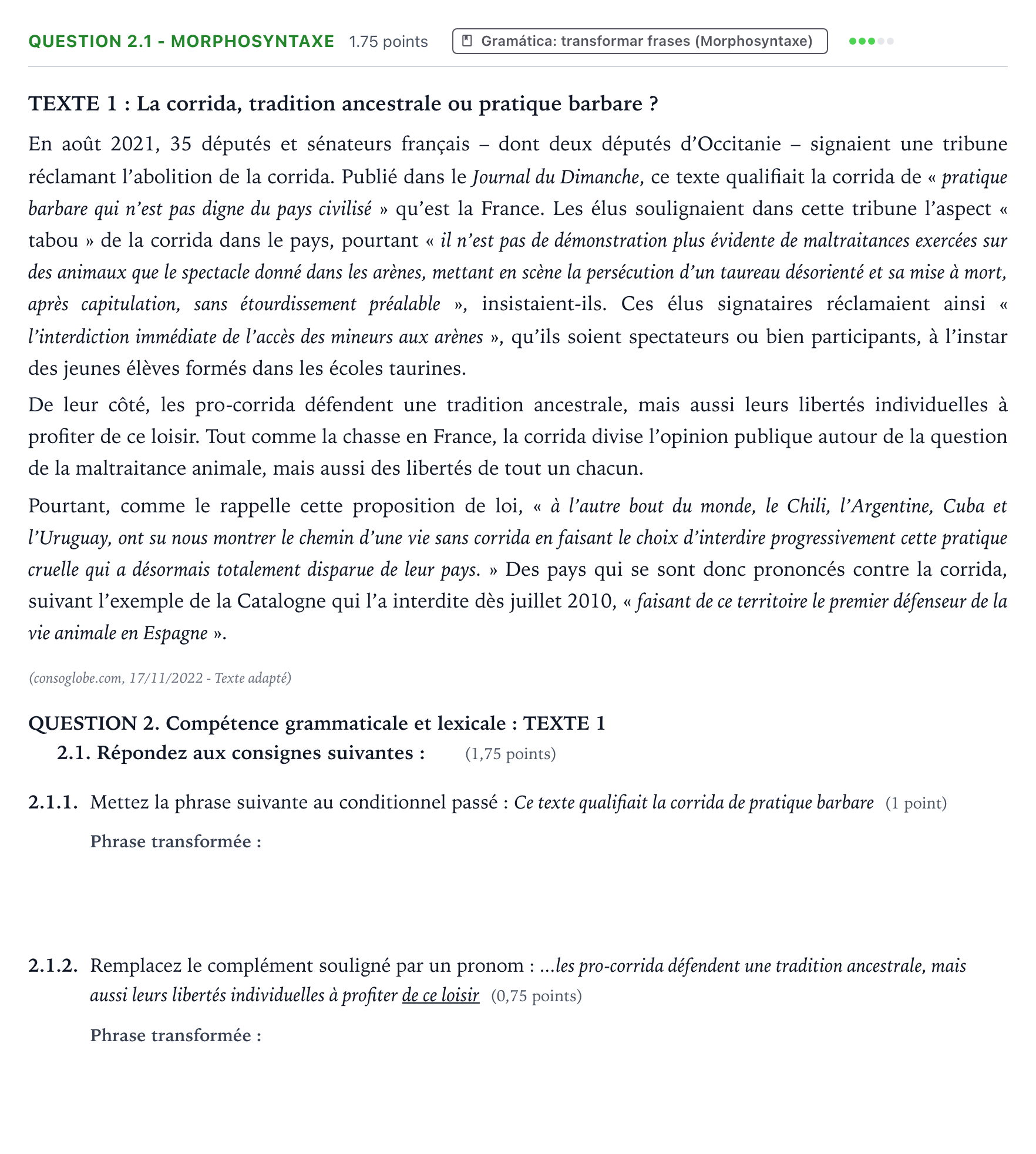Enunciado: Question 2.1 - Morphosyntaxe · Francés PAU Galicia Extraordinaria 2023