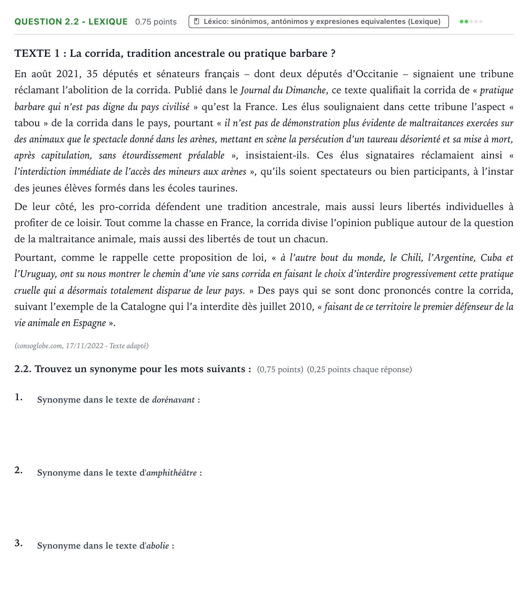 Enunciado: Question 2.2 - Lexique · Francés PAU Galicia Extraordinaria 2023
