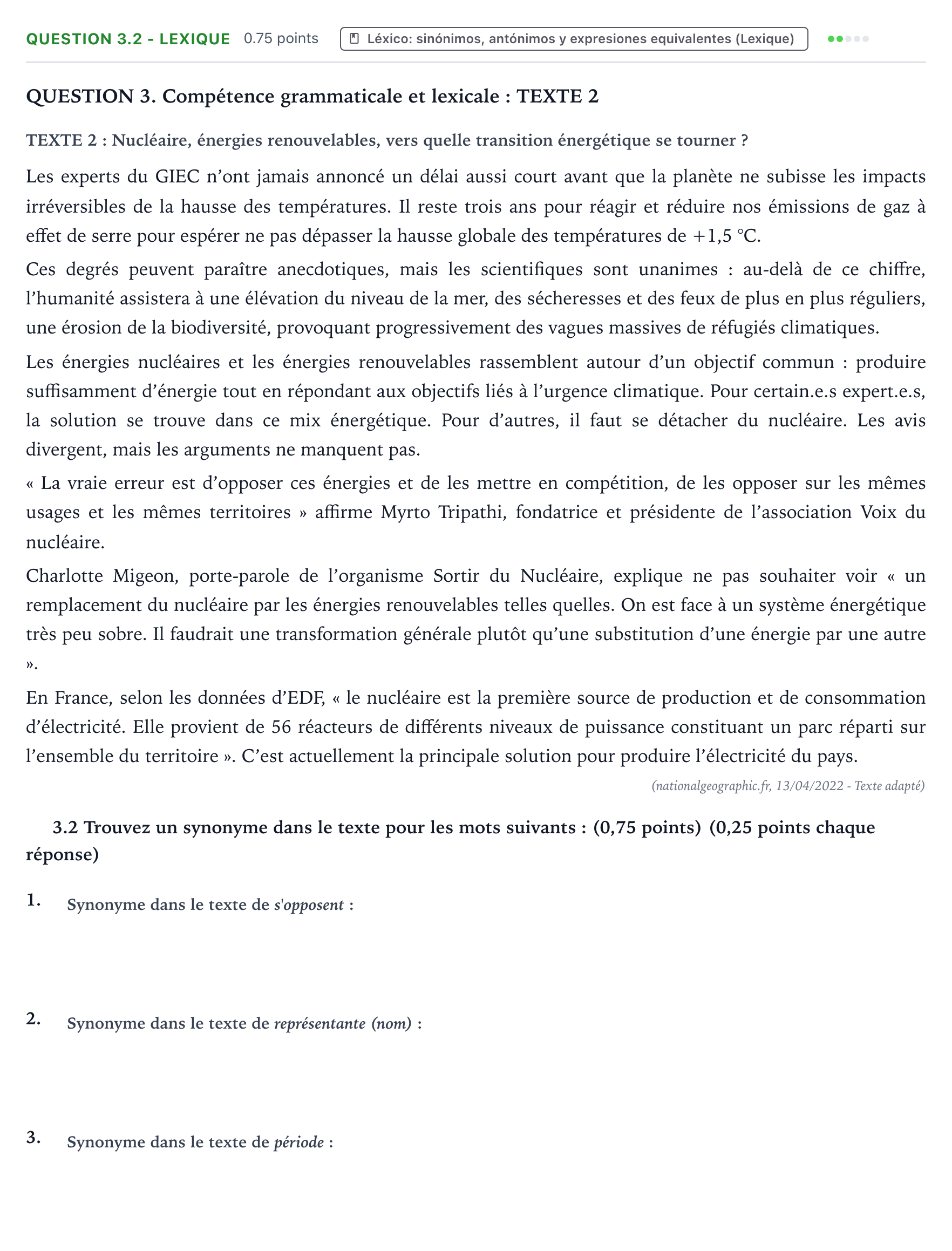 Enunciado: Question 3.2 - Lexique · Francés PAU Galicia Extraordinaria 2023