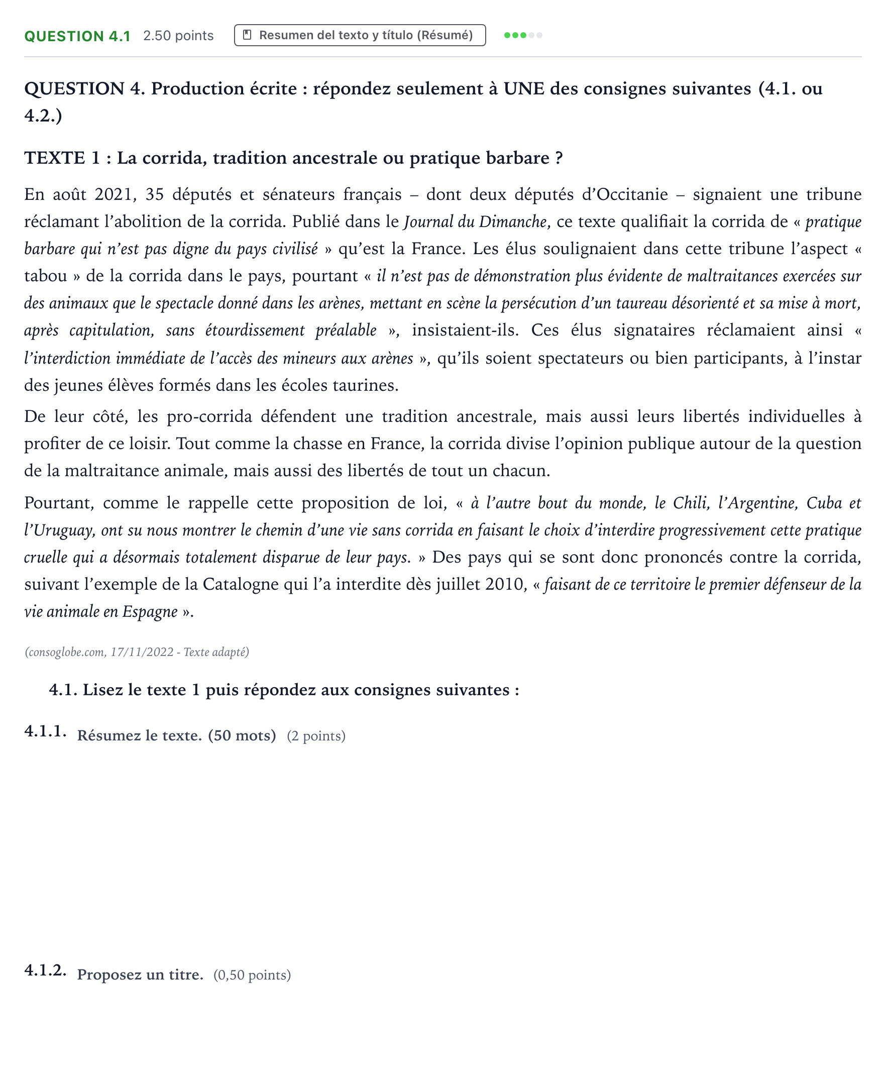 Enunciado: Question 4.1 · Francés PAU Galicia Extraordinaria 2023