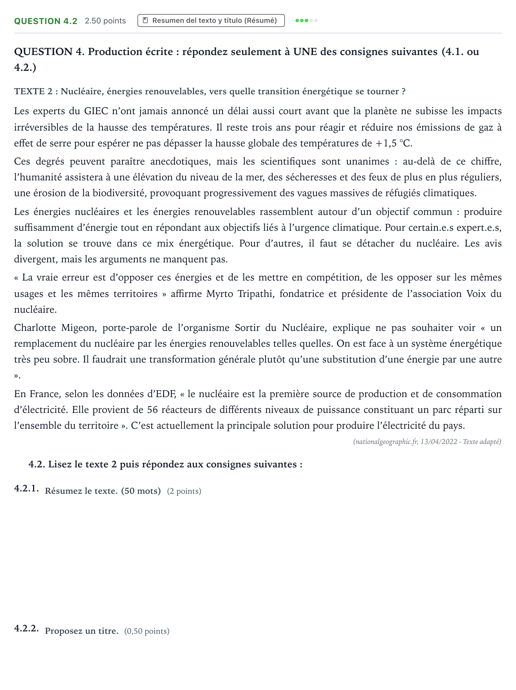 Enunciado: Question 4.2 · Francés PAU Galicia Extraordinaria 2023