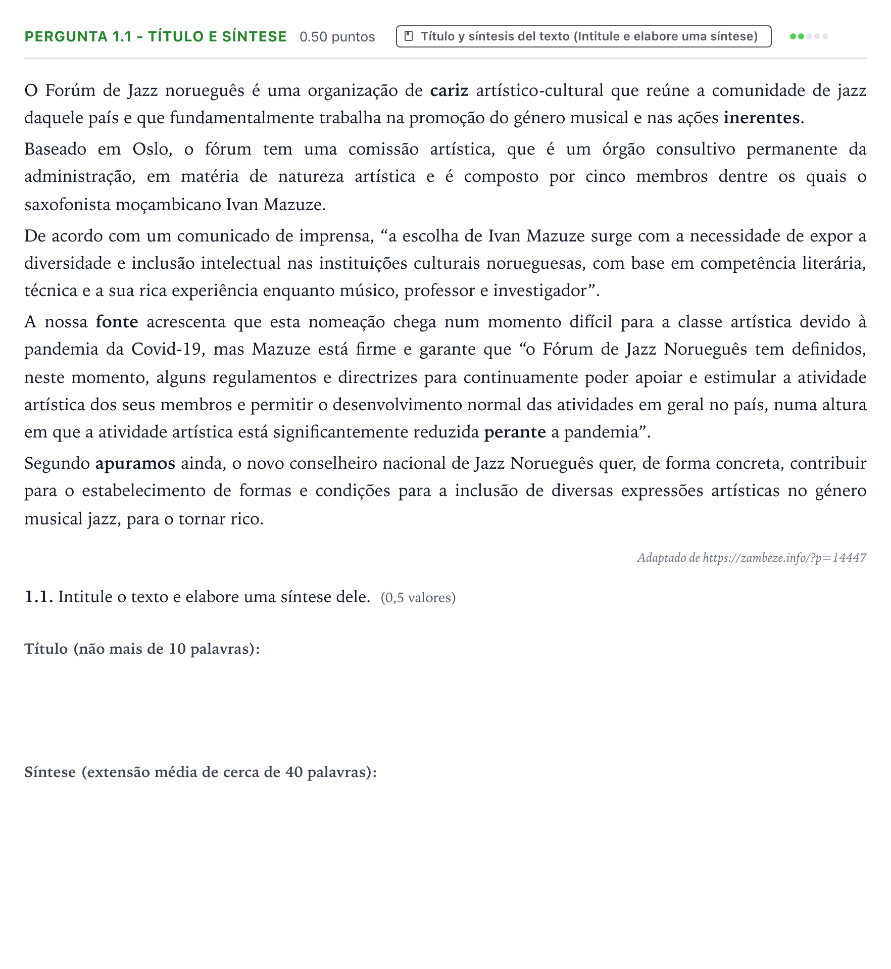 Enunciado: Ejercicio Pergunta 1.1 - Título e síntese · Portugués PAU Galicia Ordinaria 2023