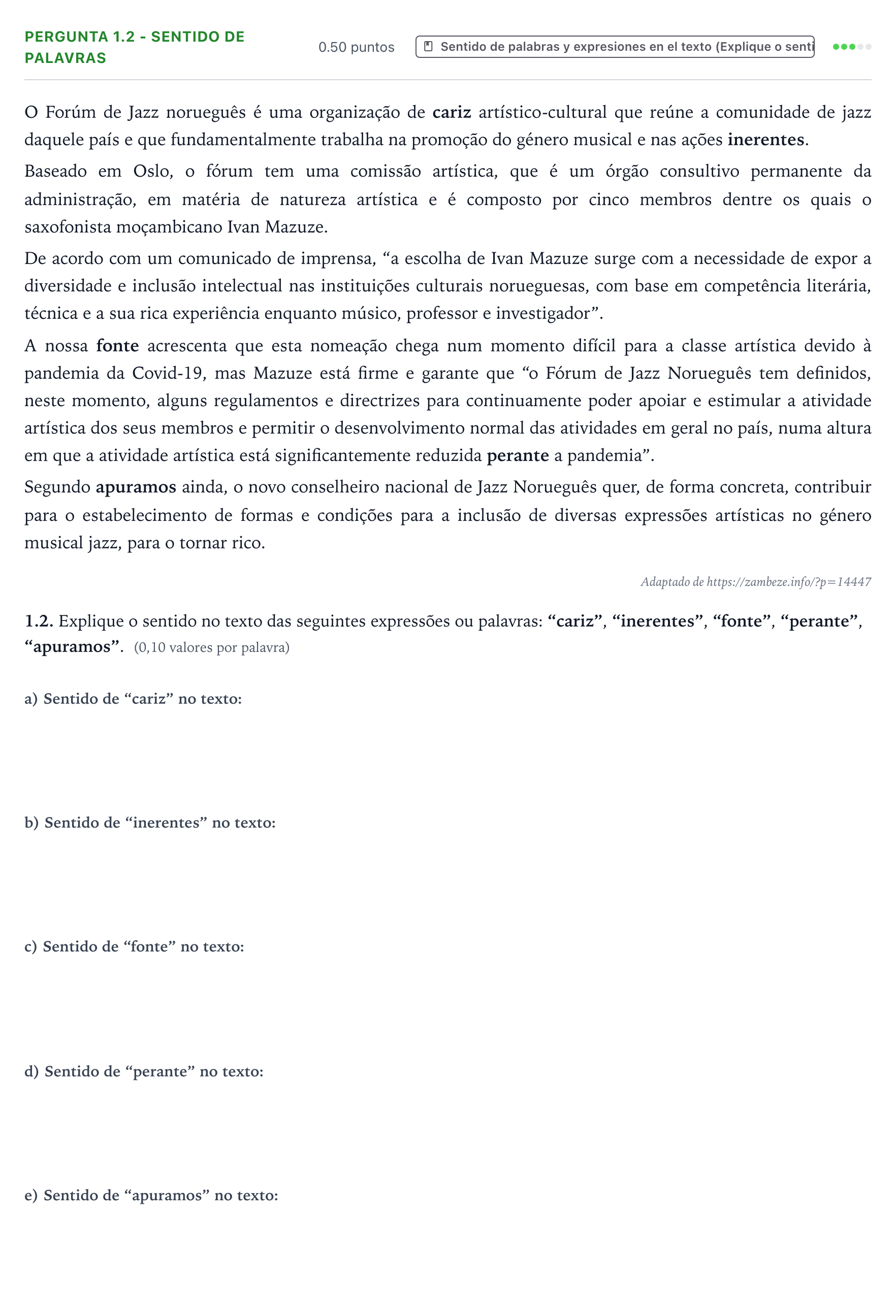 Enunciado: Ejercicio Pergunta 1.2 - Sentido de palavras · Portugués PAU Galicia Ordinaria 2023