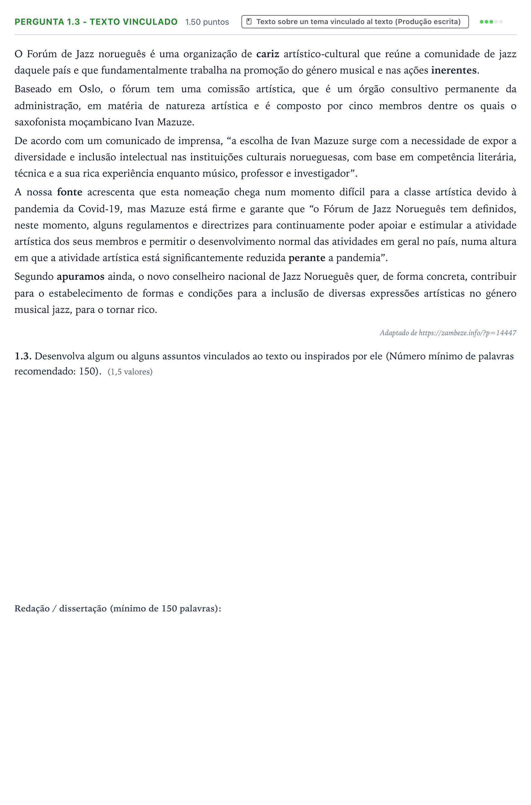 Enunciado: Ejercicio Pergunta 1.3 - Texto vinculado · Portugués PAU Galicia Ordinaria 2023