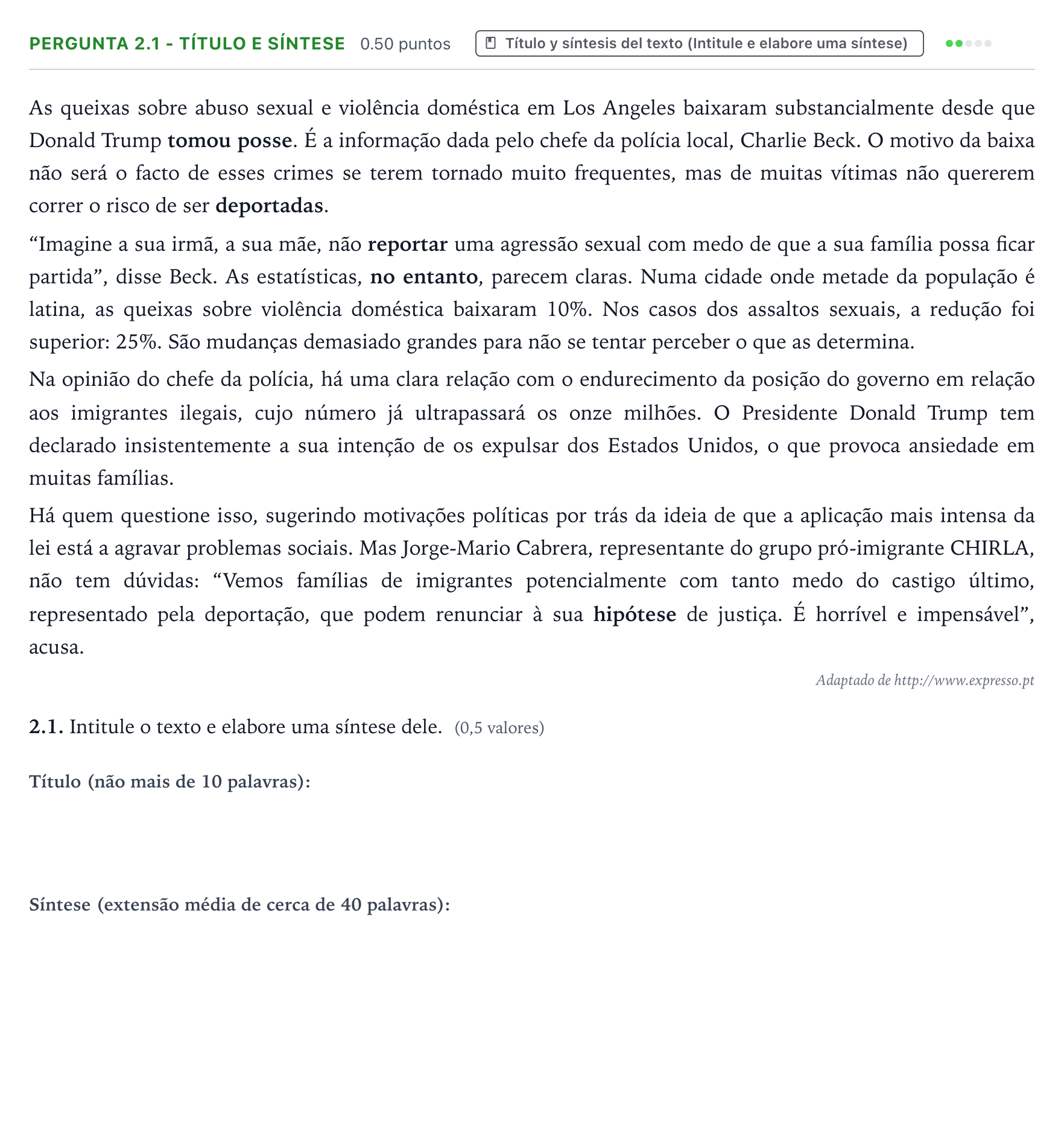 Enunciado: Ejercicio Pergunta 2.1 - Título e síntese · Portugués PAU Galicia Ordinaria 2023
