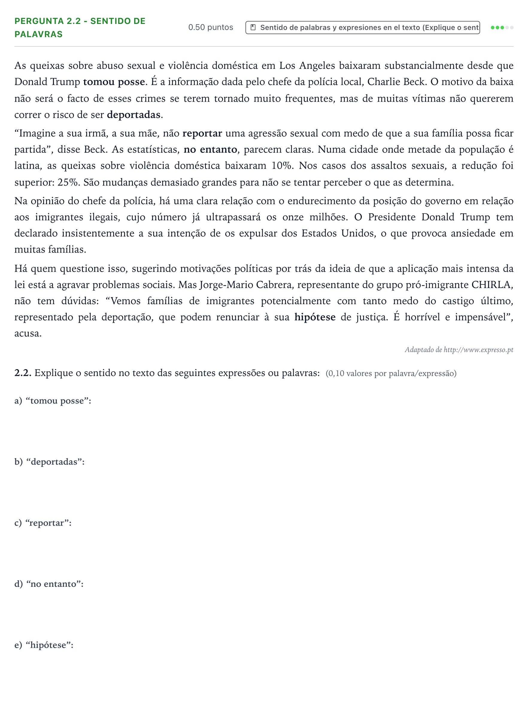 Enunciado: Ejercicio Pergunta 2.2 - Sentido de palavras · Portugués PAU Galicia Ordinaria 2023