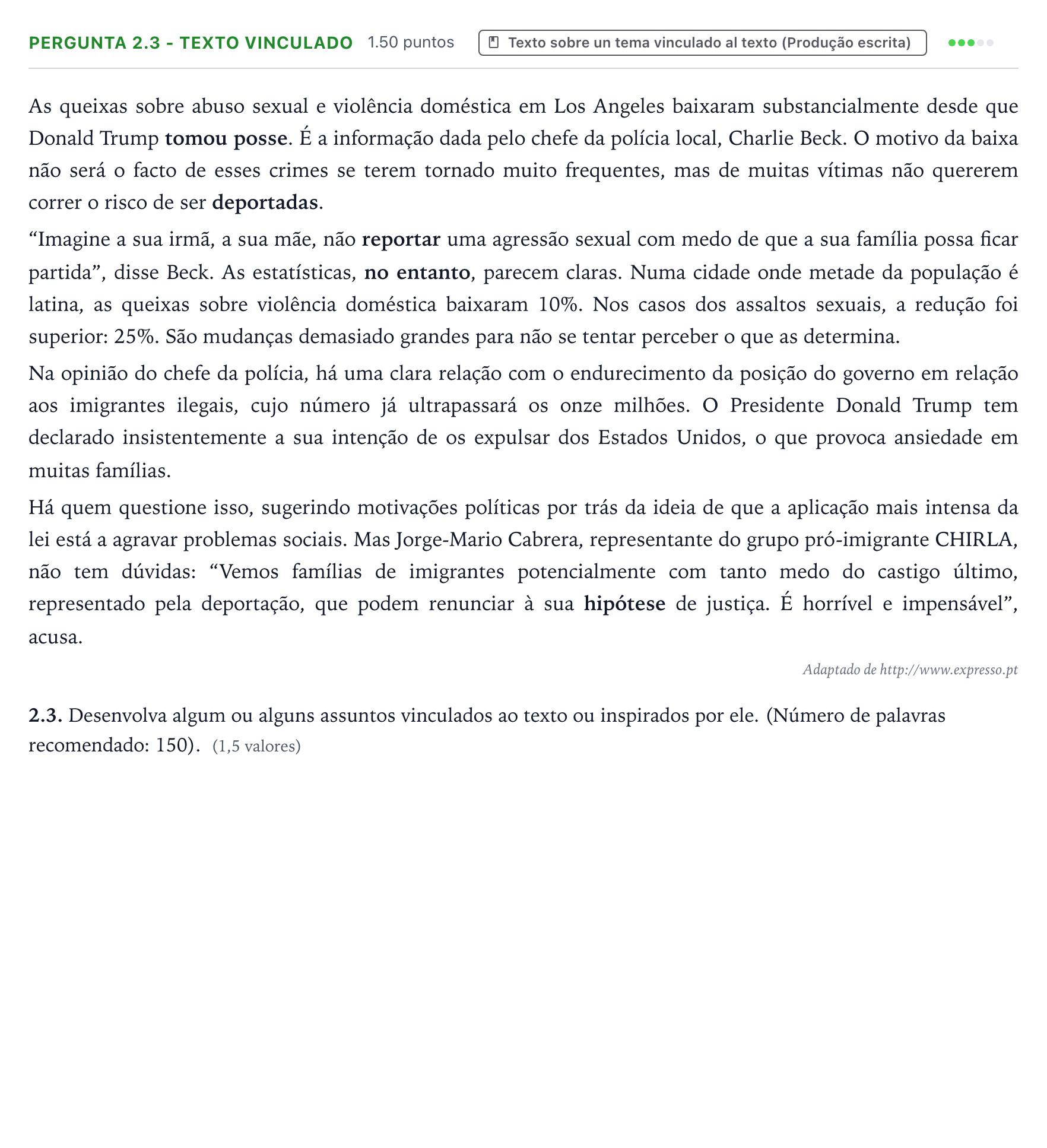 Enunciado: Ejercicio Pergunta 2.3 - Texto vinculado · Portugués PAU Galicia Ordinaria 2023