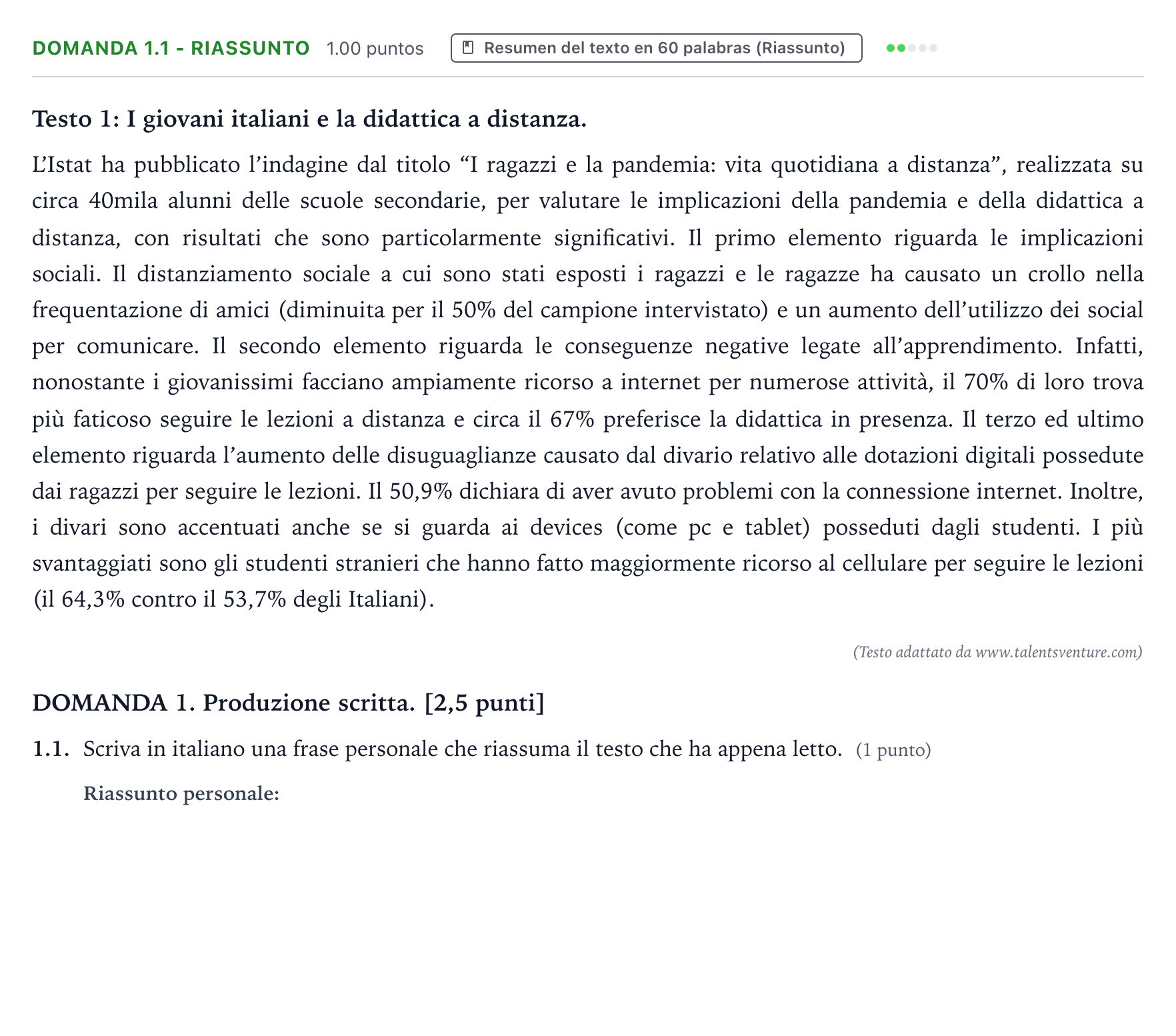 Enunciado: Ejercicio Domanda 1.1 - Riassunto · Italiano PAU Galicia Ordinaria 2023