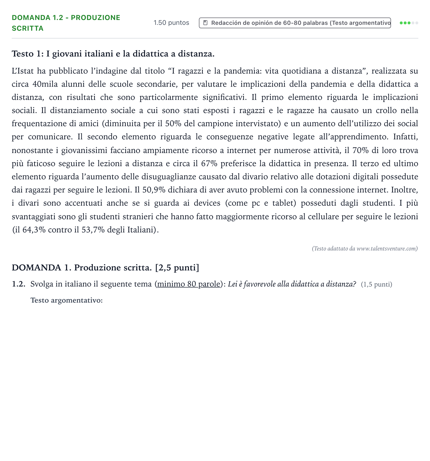 Enunciado: Ejercicio Domanda 1.2 - Produzione scritta · Italiano PAU Galicia Ordinaria 2023