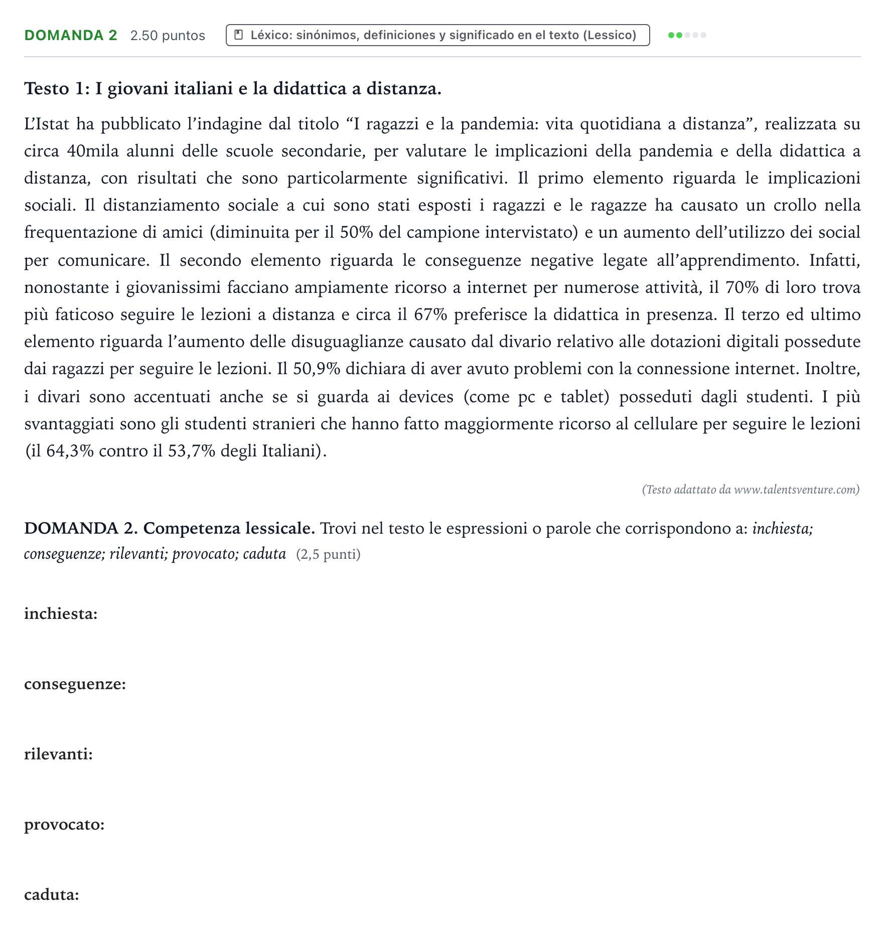 Enunciado: Ejercicio Domanda 2 · Italiano PAU Galicia Ordinaria 2023