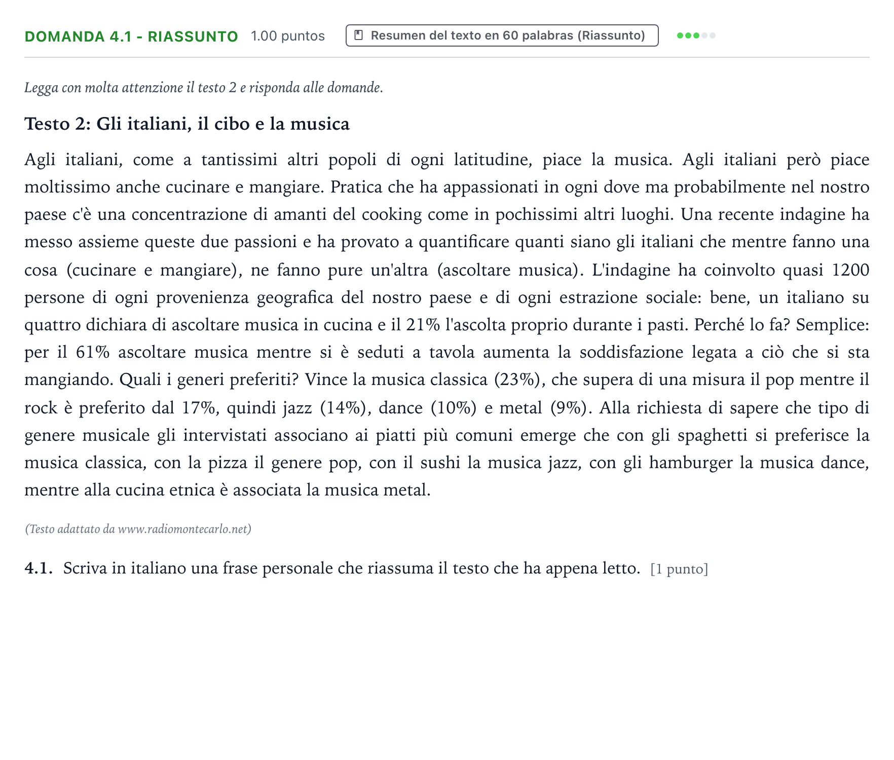 Enunciado: Ejercicio Domanda 4.1 - Riassunto · Italiano PAU Galicia Ordinaria 2023