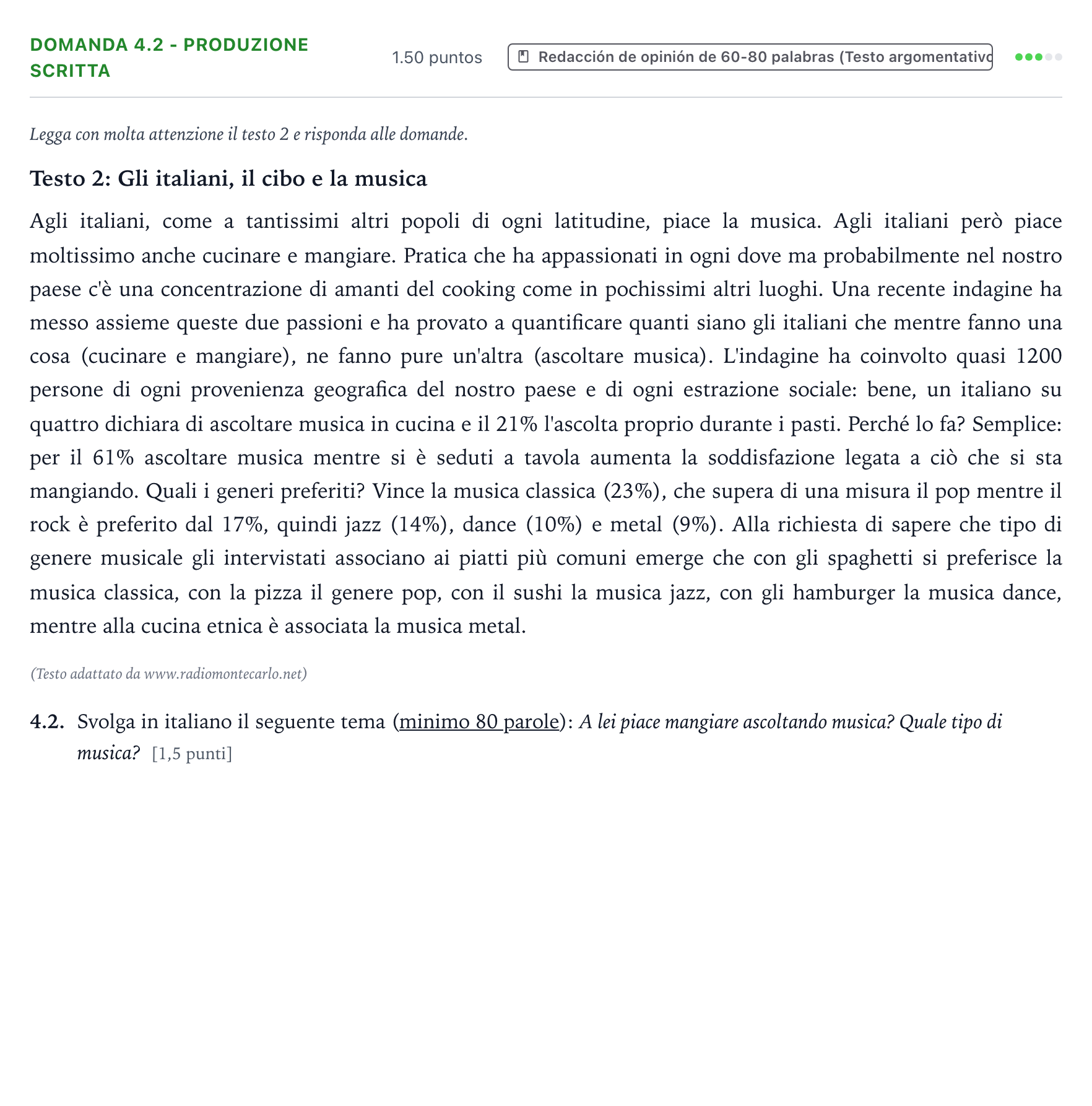 Enunciado: Ejercicio Domanda 4.2 - Produzione scritta · Italiano PAU Galicia Ordinaria 2023