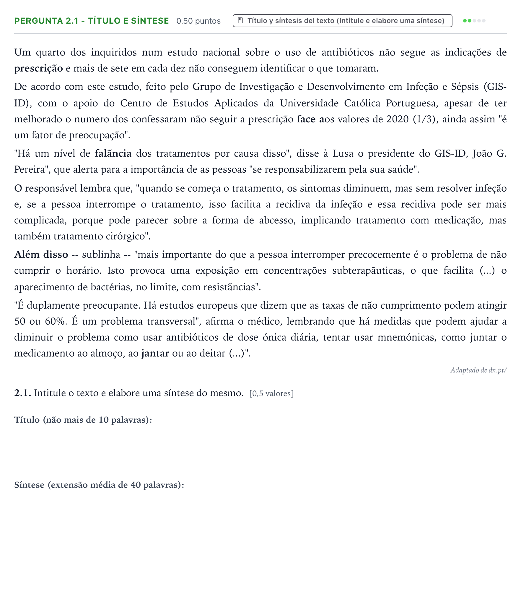 Enunciado: Ejercicio Pergunta 2.1 - Título e síntese · Portugués PAU Galicia Extraordinaria 2023