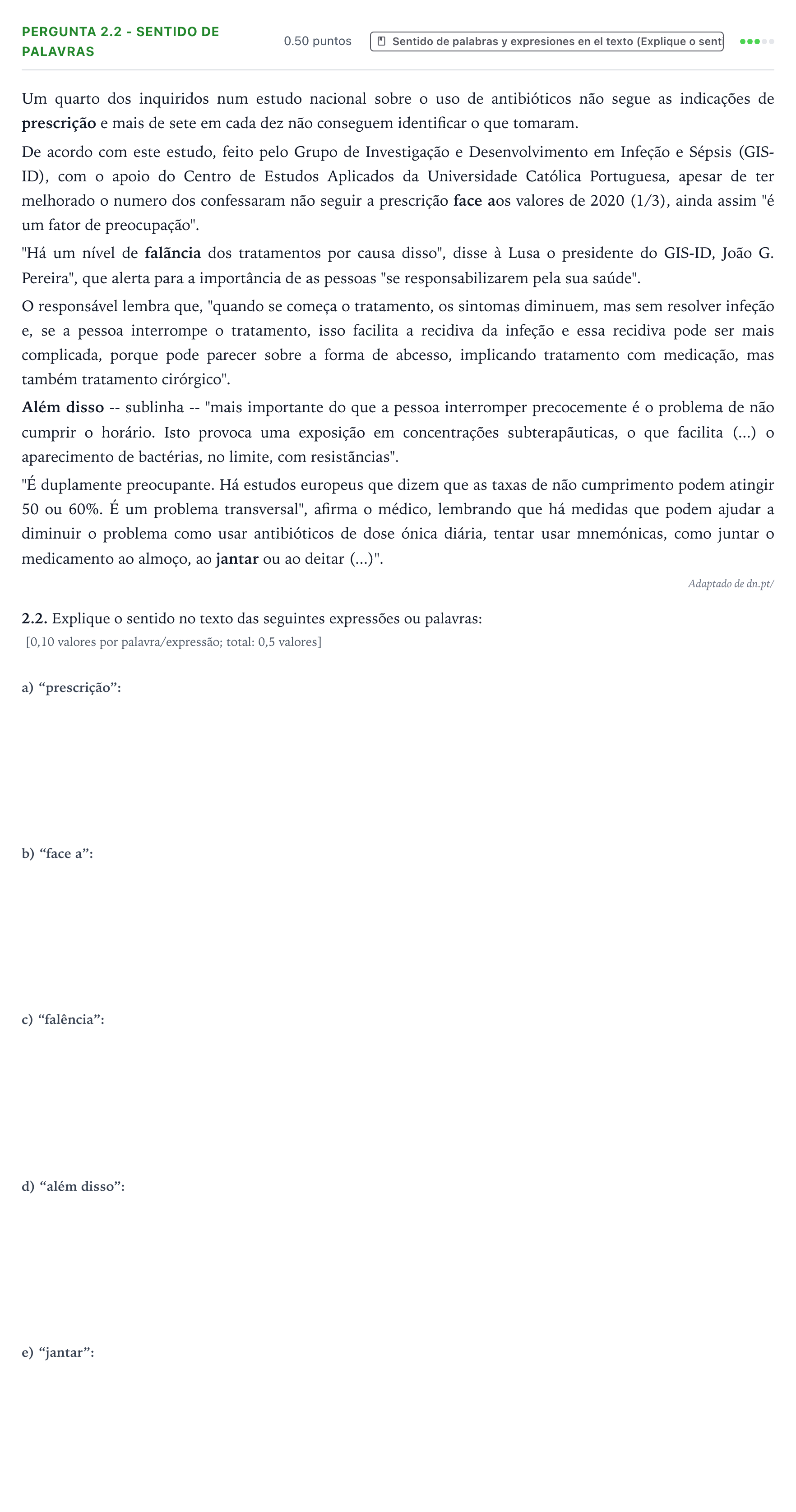 Enunciado: Ejercicio Pergunta 2.2 - Sentido de palavras · Portugués PAU Galicia Extraordinaria 2023