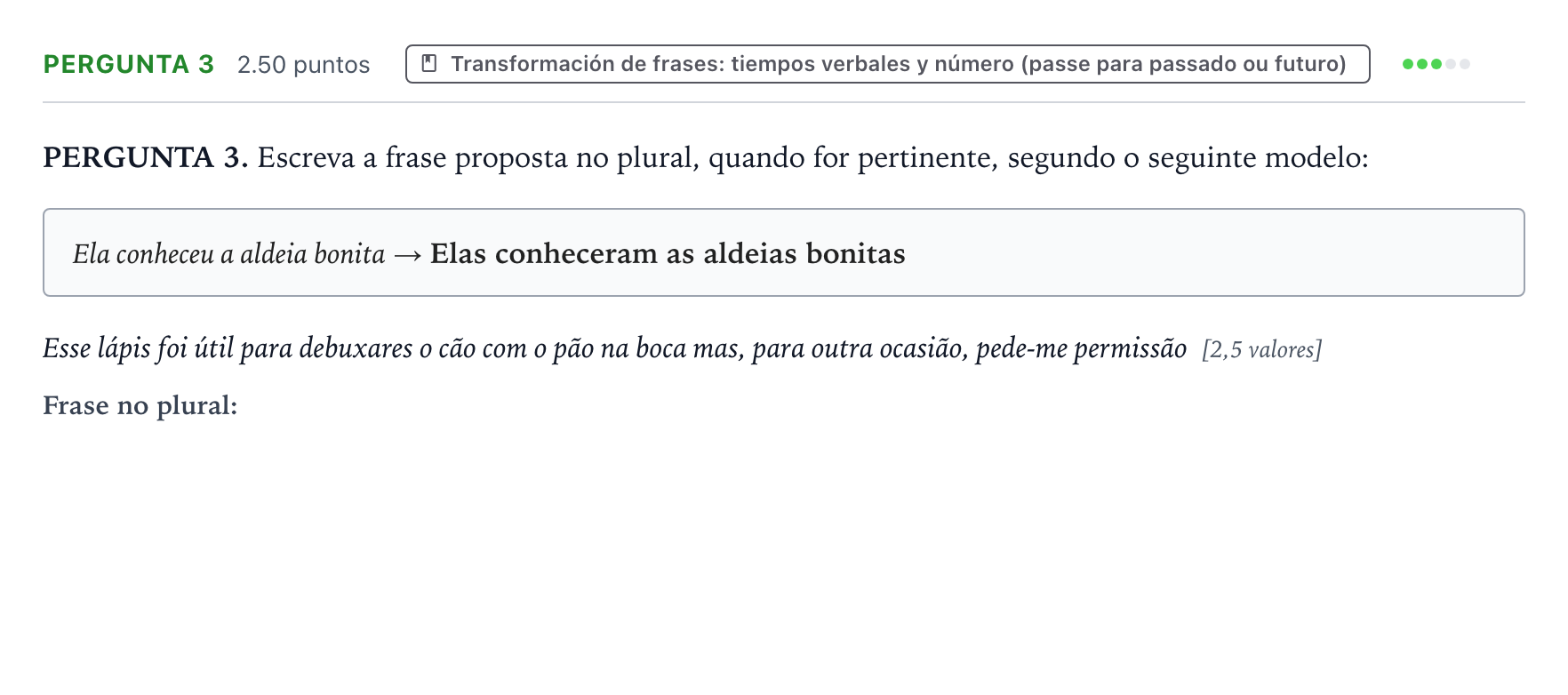Enunciado: Ejercicio Pergunta 3 · Portugués PAU Galicia Extraordinaria 2023