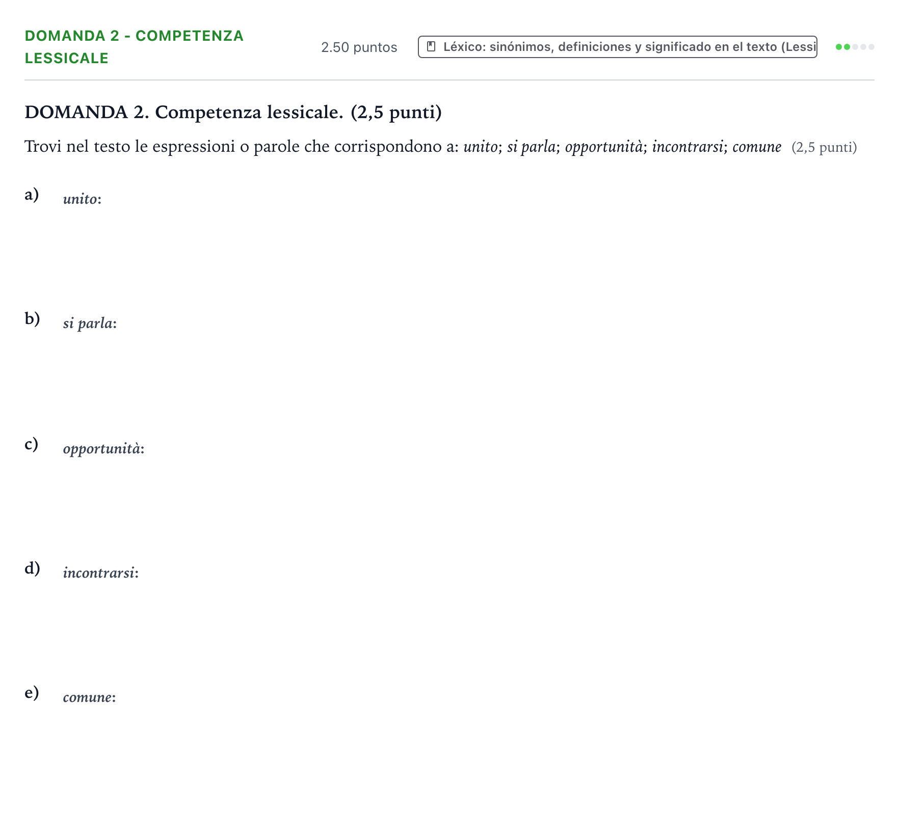 Enunciado: Ejercicio Domanda 2 - Competenza lessicale · Italiano PAU Galicia Extraordinaria 2023