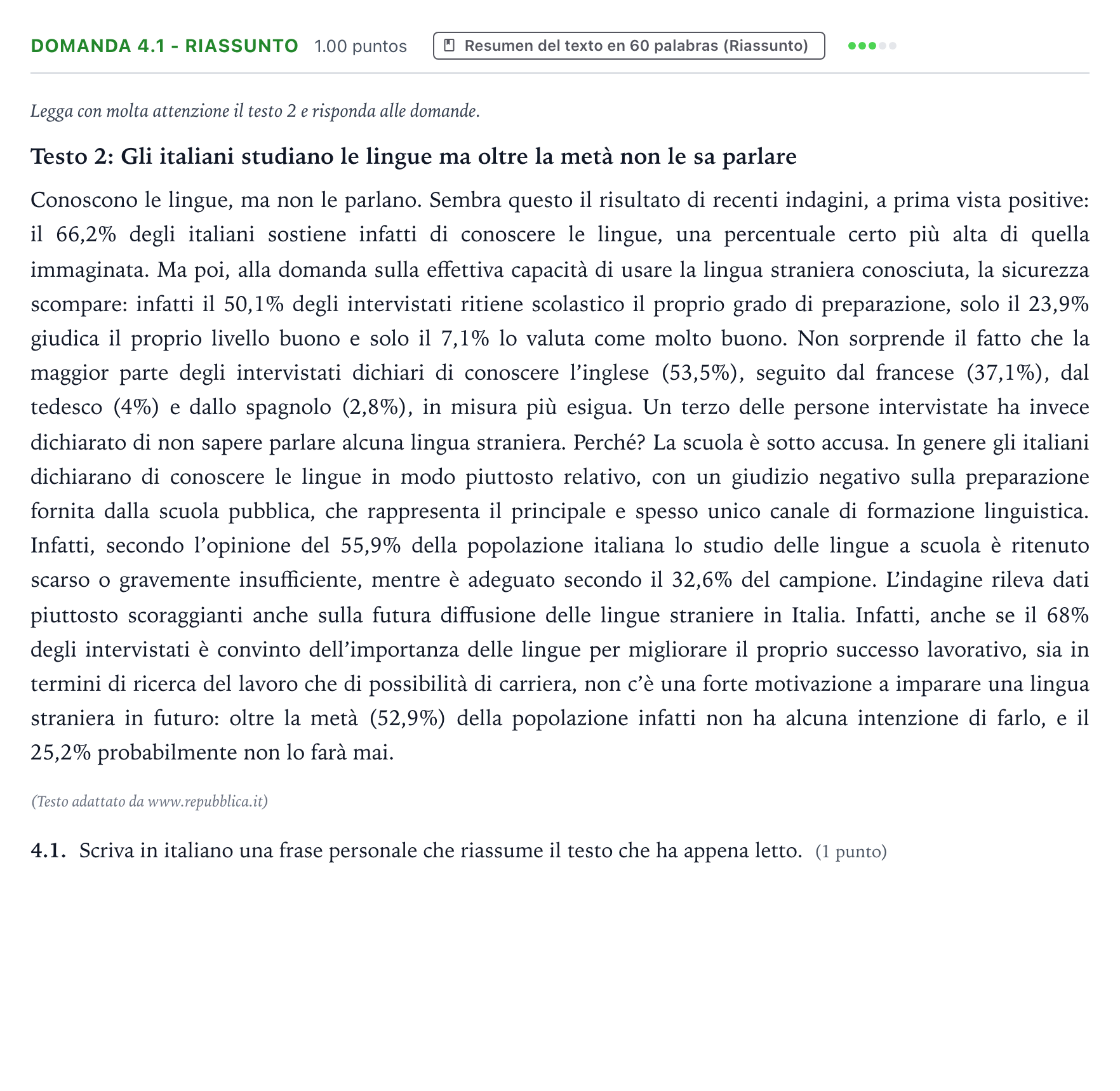 Enunciado: Ejercicio Domanda 4.1 - Riassunto · Italiano PAU Galicia Extraordinaria 2023