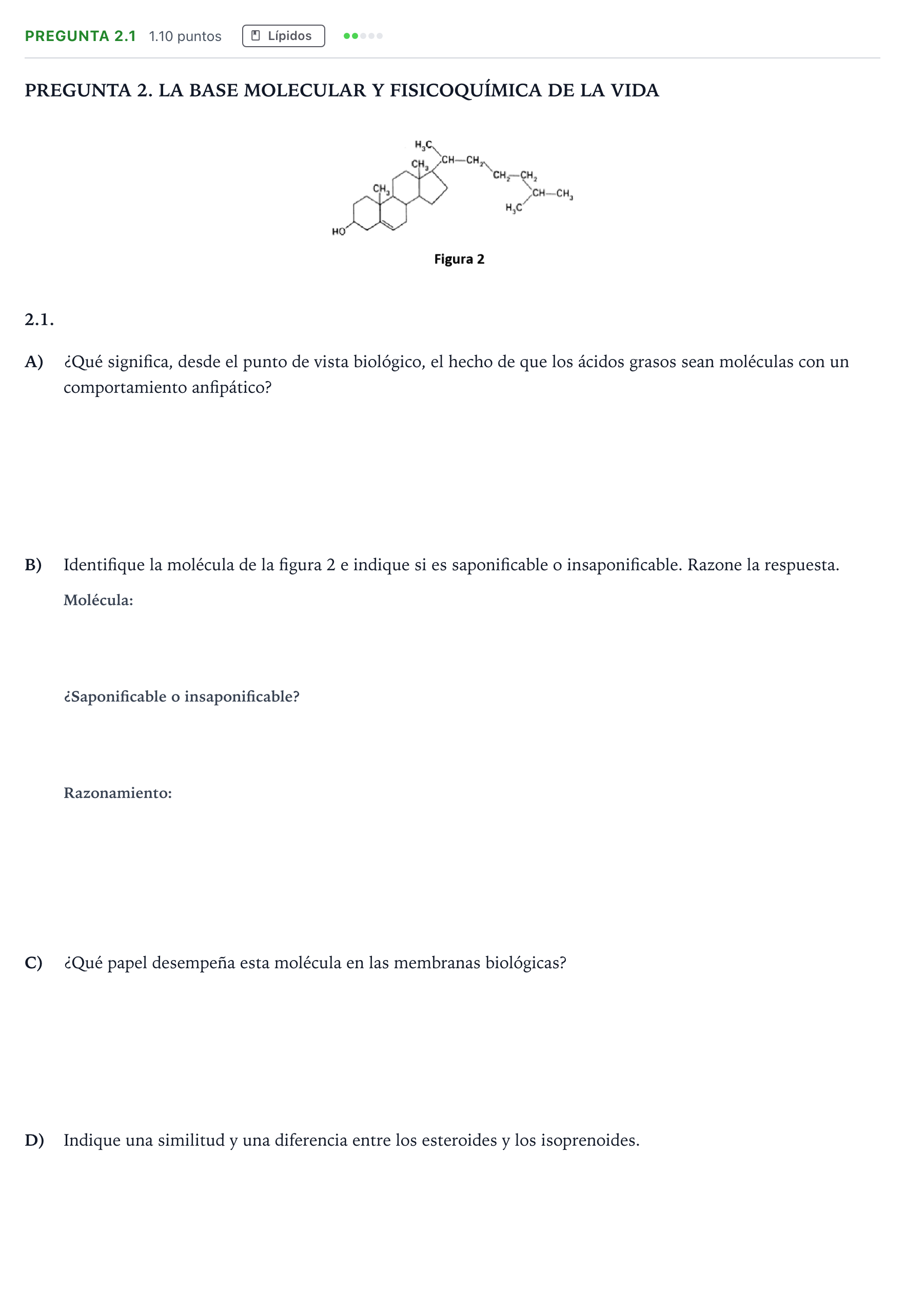 Enunciado: Pregunta 2.1 - Lípidos · Biología PAU Galicia Ordinaria 2023