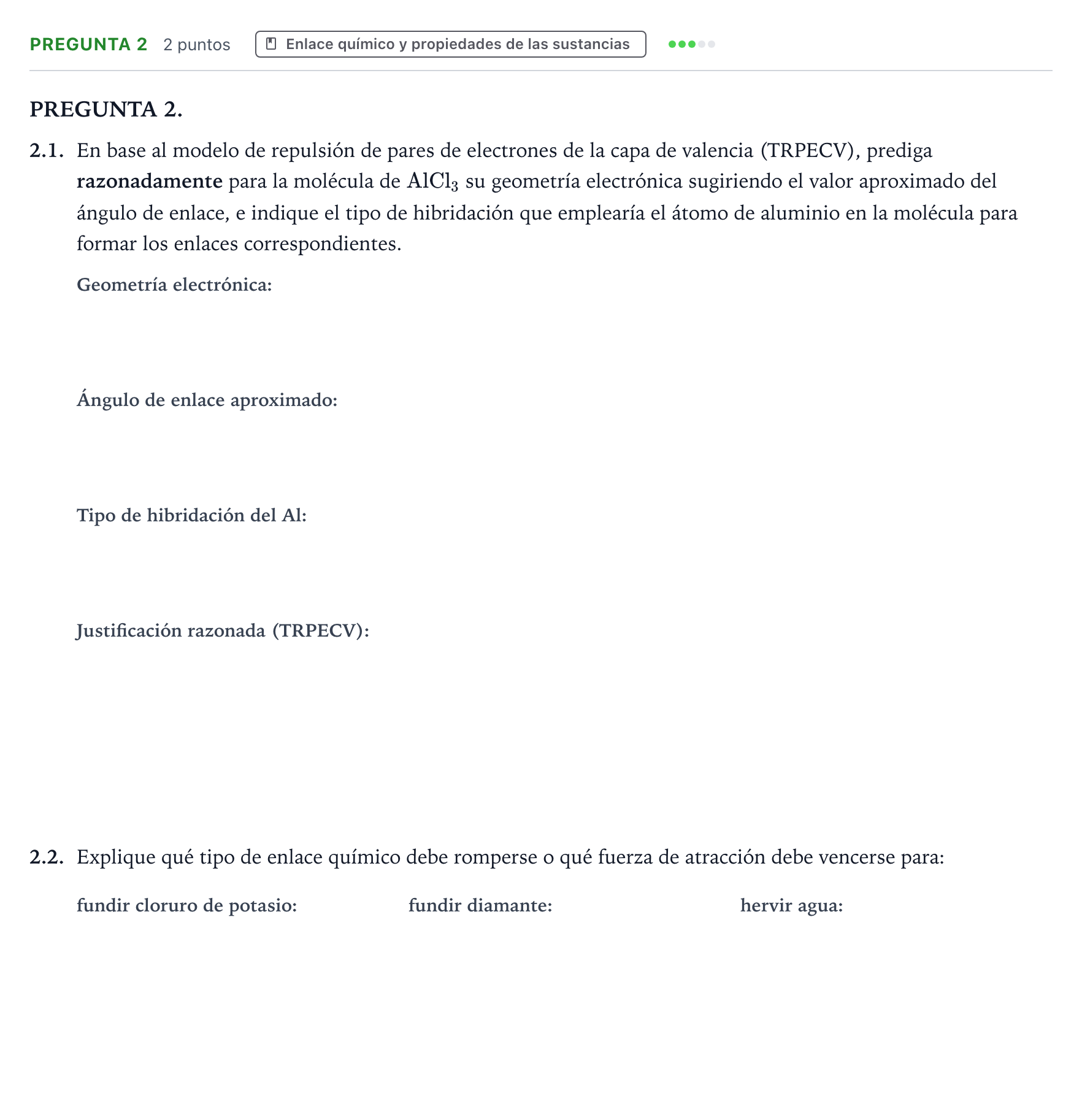 Enunciado: Pregunta 2 · Química PAU Galicia Extraordinaria 2023