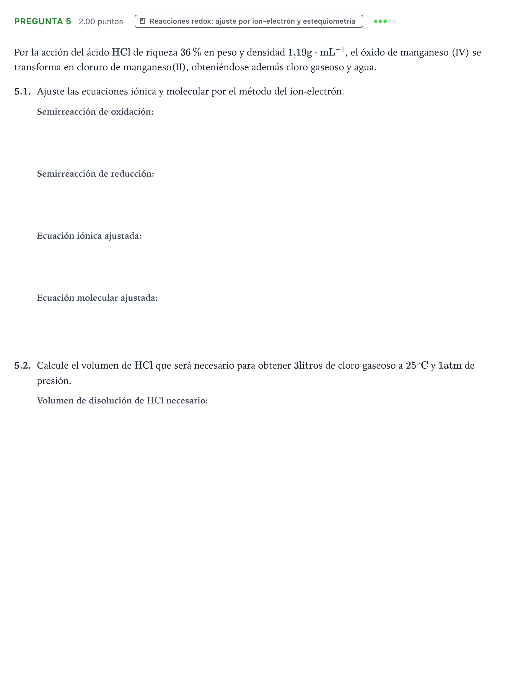 Enunciado: Pregunta 5 · Química PAU Galicia Extraordinaria 2023