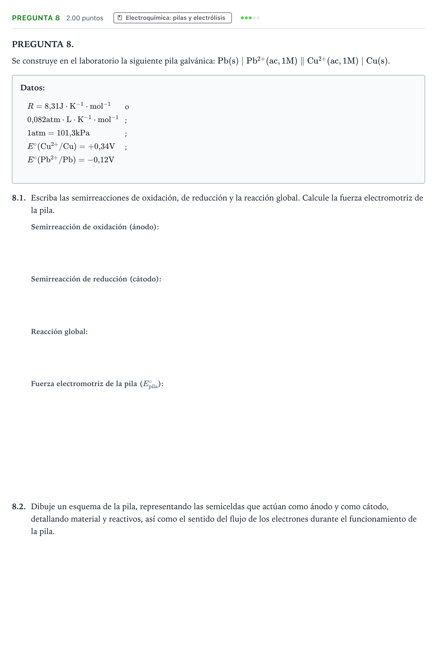 Enunciado: Pregunta 8 · Química PAU Galicia Extraordinaria 2023